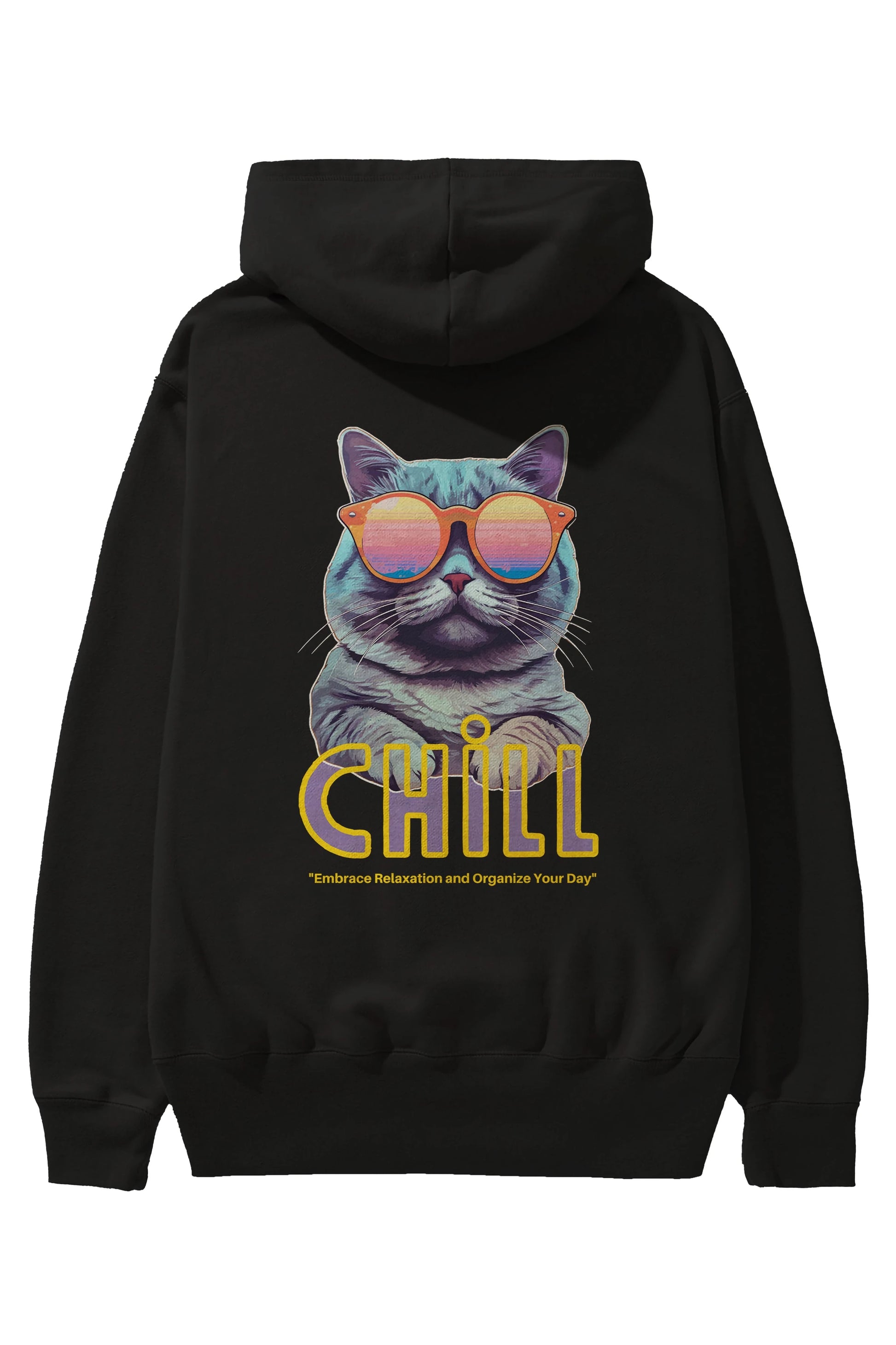 Chill Cat Arka Baskılı Oversize Hoodie Kapüşonlu Sweatshirt Erkek Kadın Unisex