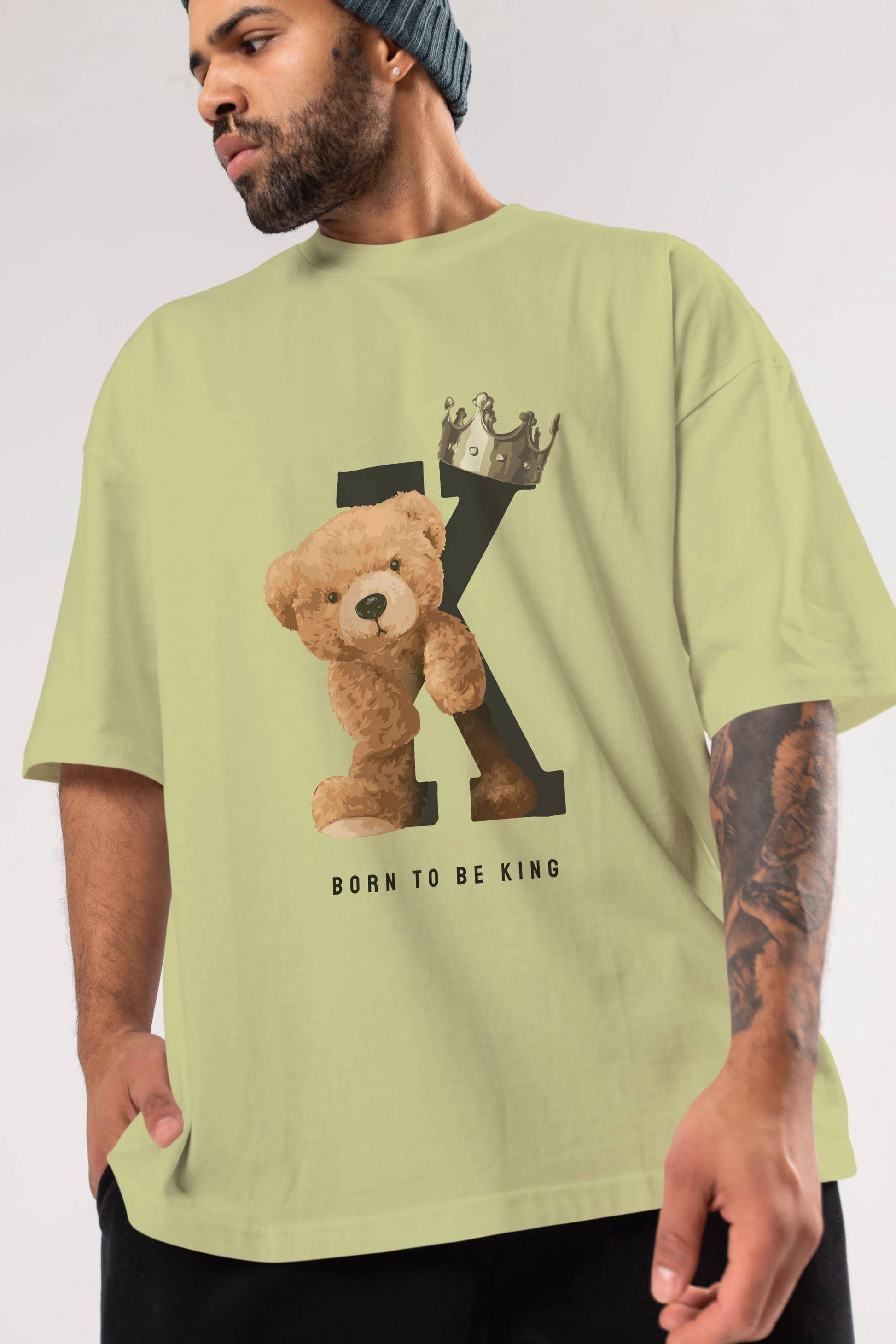Teddy Bear Born To Be King Ön Baskılı Oversize t-shirt Erkek Kadın Unisex %100 Pamuk