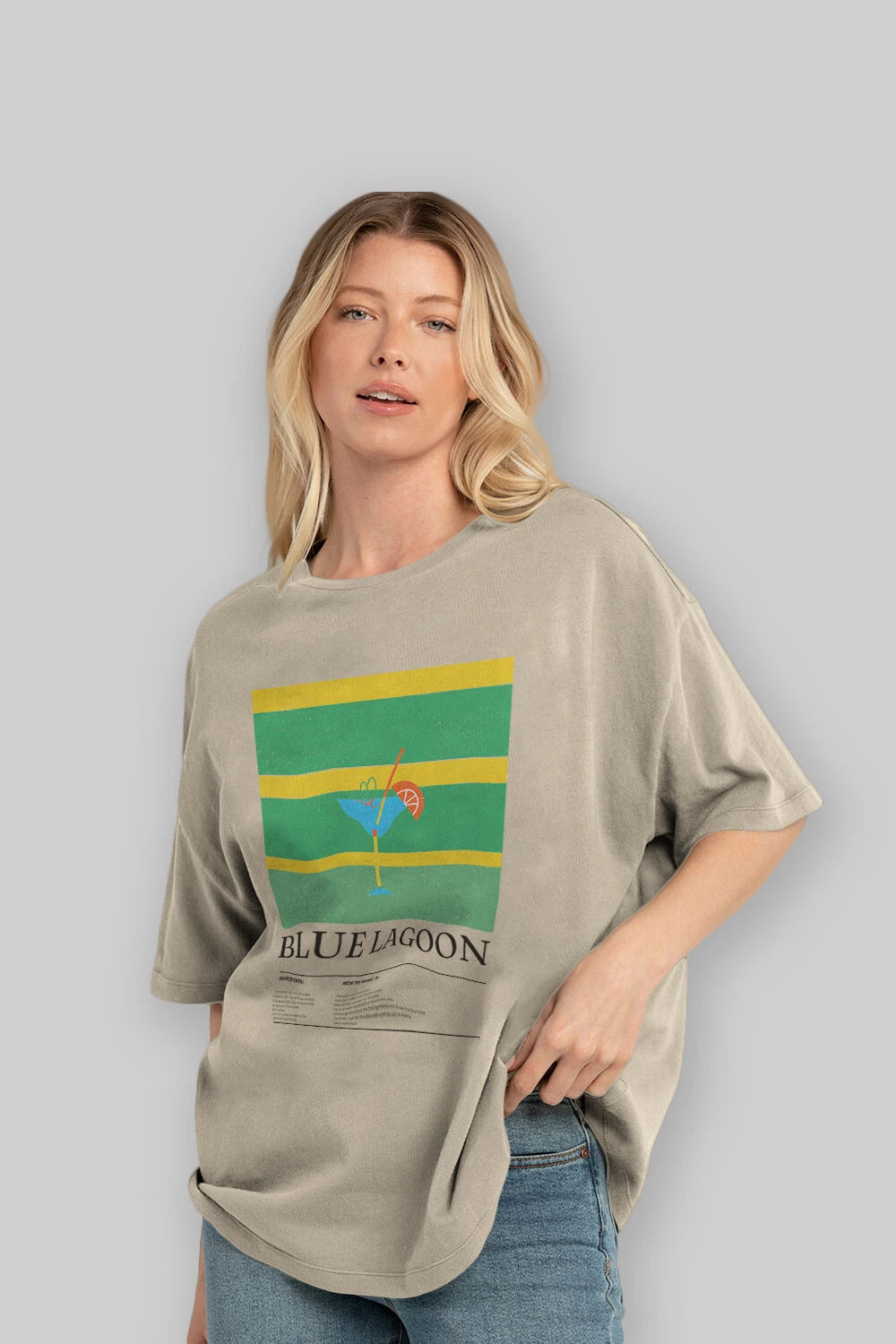 Blue Lagoon Kokteyl Ön Baskılı Oversize t-shirt Erkek Kadın %100 Pamuk Bisiklet Yaka tişort