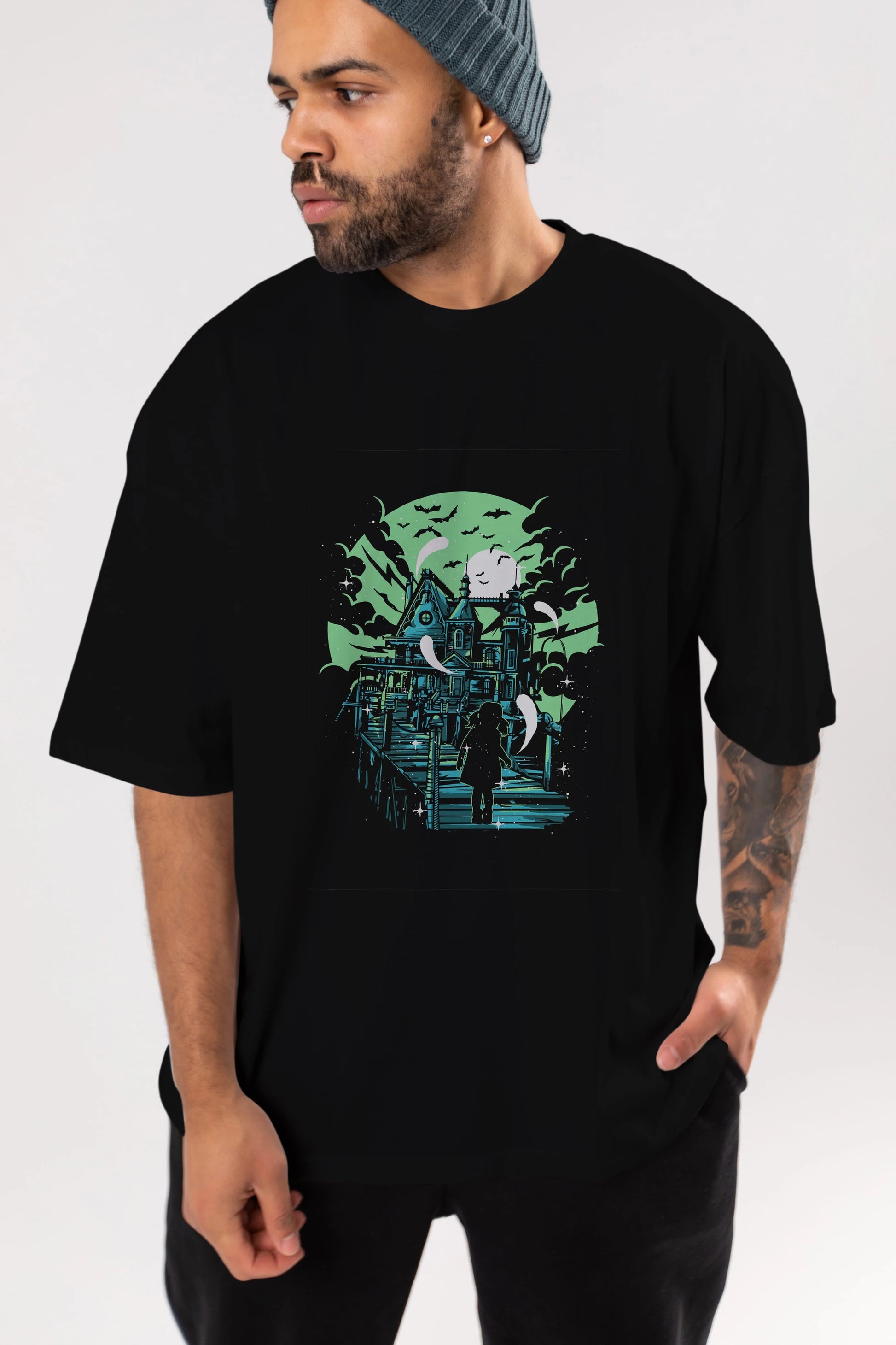 Haunted House Ön Baskılı Oversize t-shirt Erkek Kadın Unisex %100 Pamuk tişort