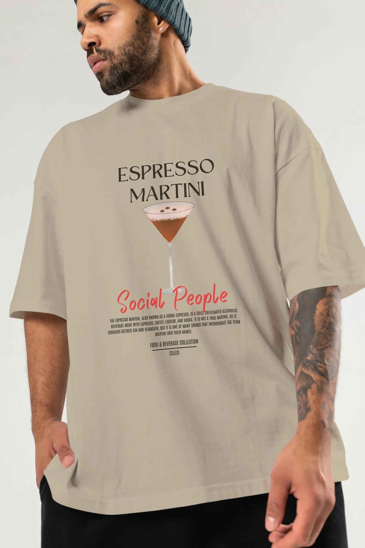 Espresso Martını Kokteyl Serisi ön Baskılı Oversize t-shirt Erkek Kadın %100 Pamuk Bisiklet Yaka tişort