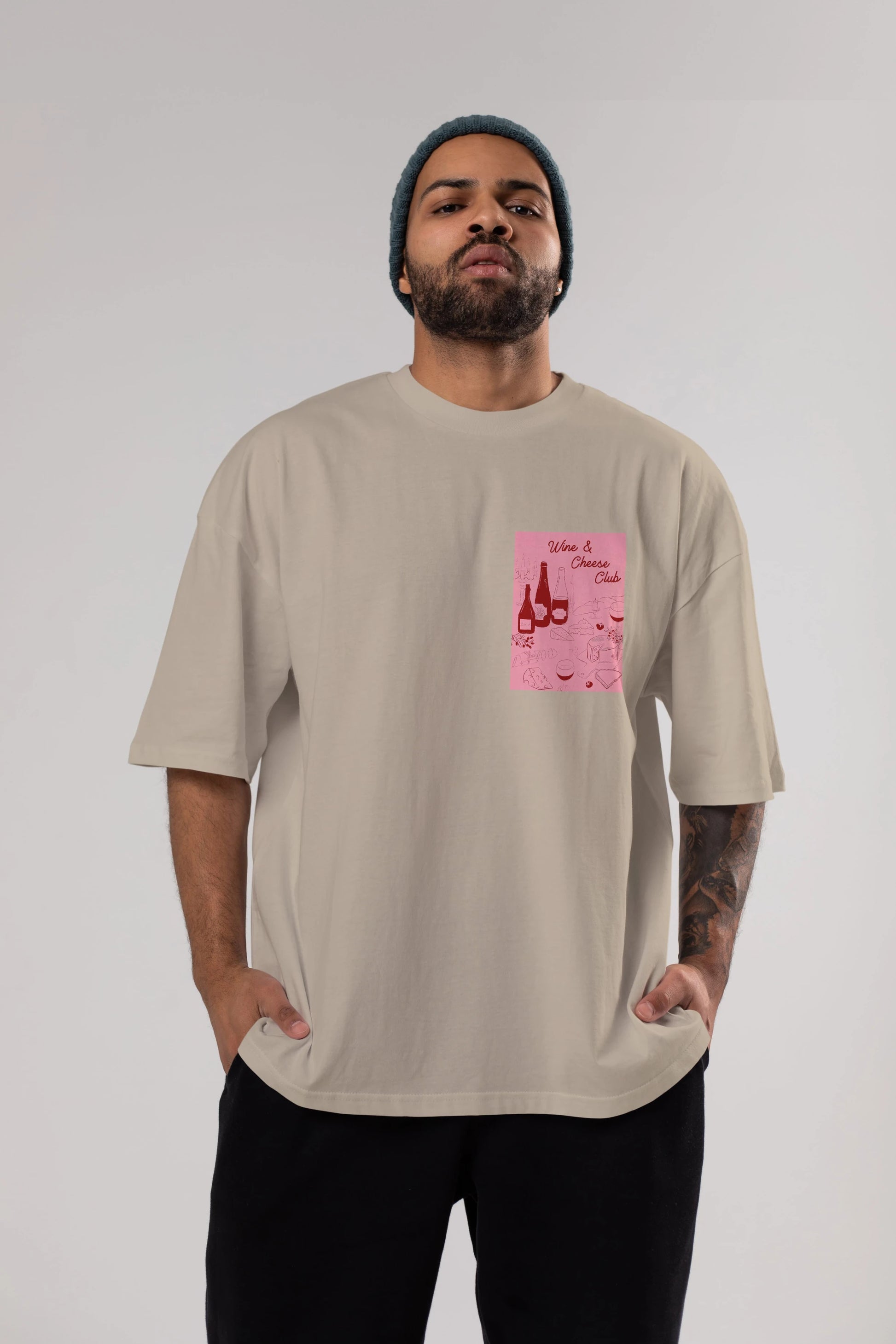 Wine Cheese Club Ön Sol Baskılı Oversize t-shirt Erkek Kadın Unisex %100 Pamuk Bisiklet Yaka tişort