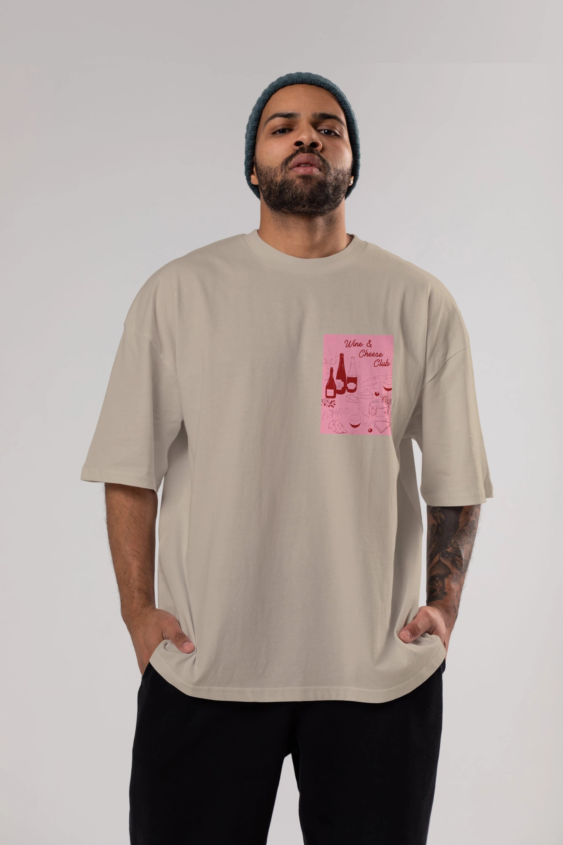 Wine Cheese Club Ön Sol Baskılı Oversize t-shirt Erkek Kadın Unisex %100 Pamuk Bisiklet Yaka tişort