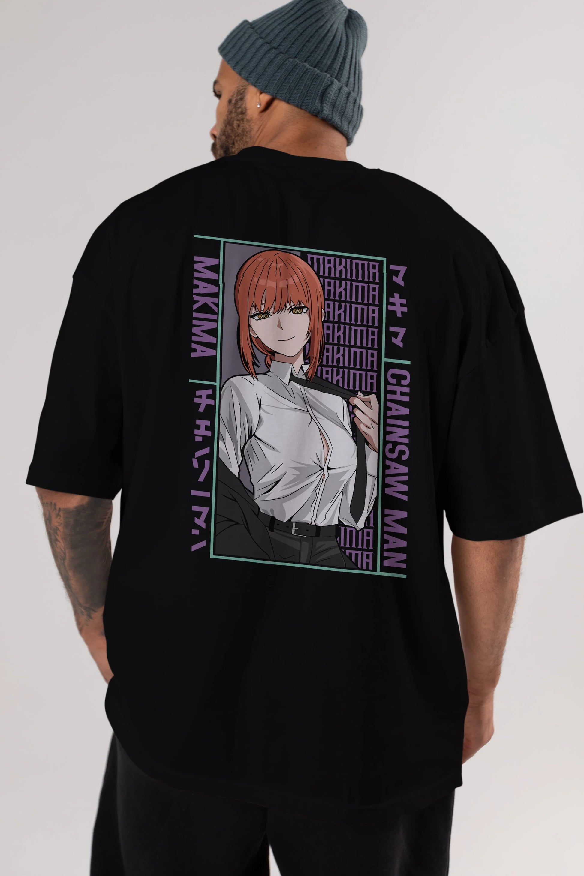 Makima Chain Saw Man Anime Arka Baskılı Oversize t-shirt Erkek Kadın Unisex