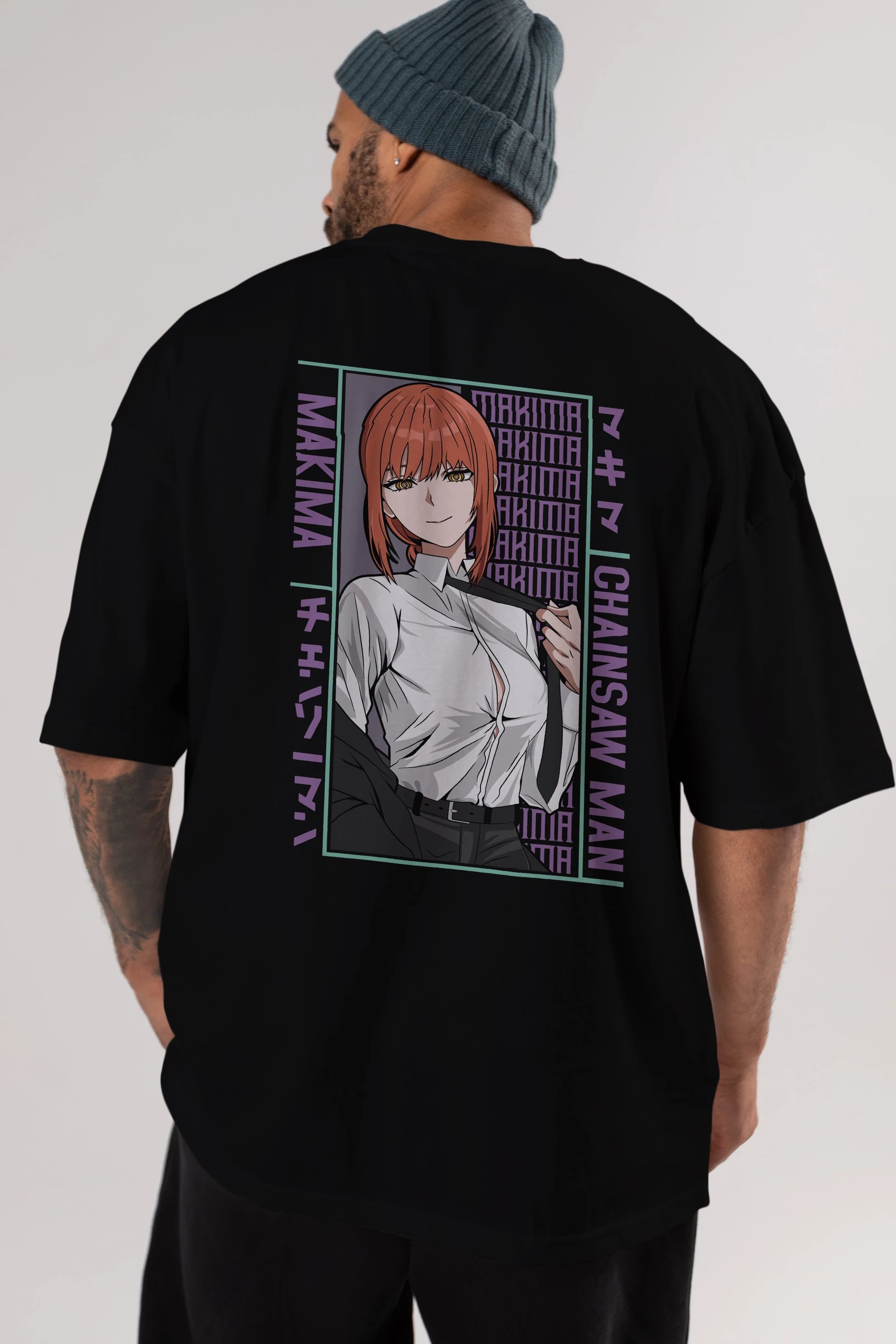 Makima Chain Saw Man Anime Arka Baskılı Oversize t-shirt Erkek Kadın Unisex