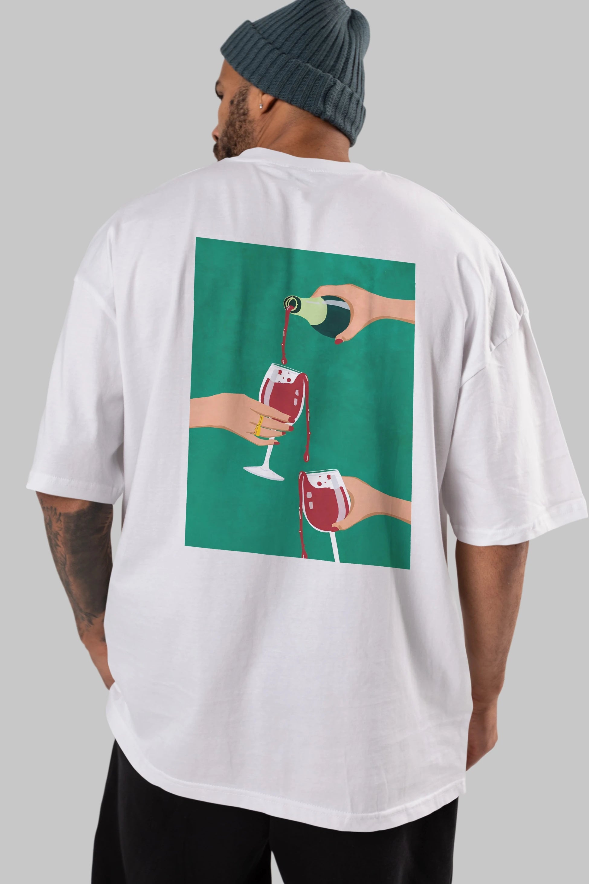 Wine 2 Arka Baskılı Oversize t-shirt Erkek Kadın Unisex %100 Pamuk Bisiklet Yaka tişort