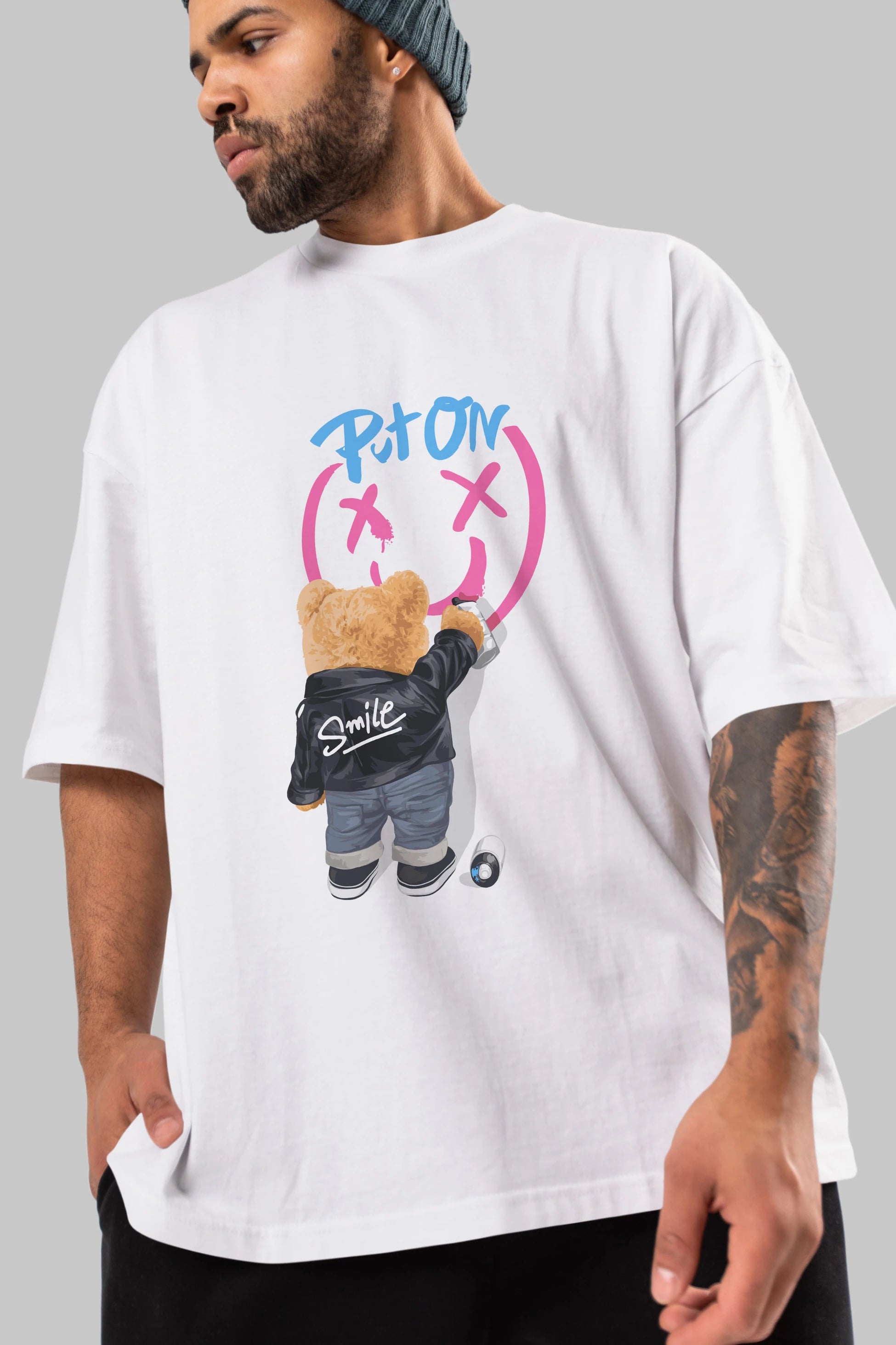 Put on Smile Bear Ön Baskılı Oversize t-shirt Erkek Kadın Unisex