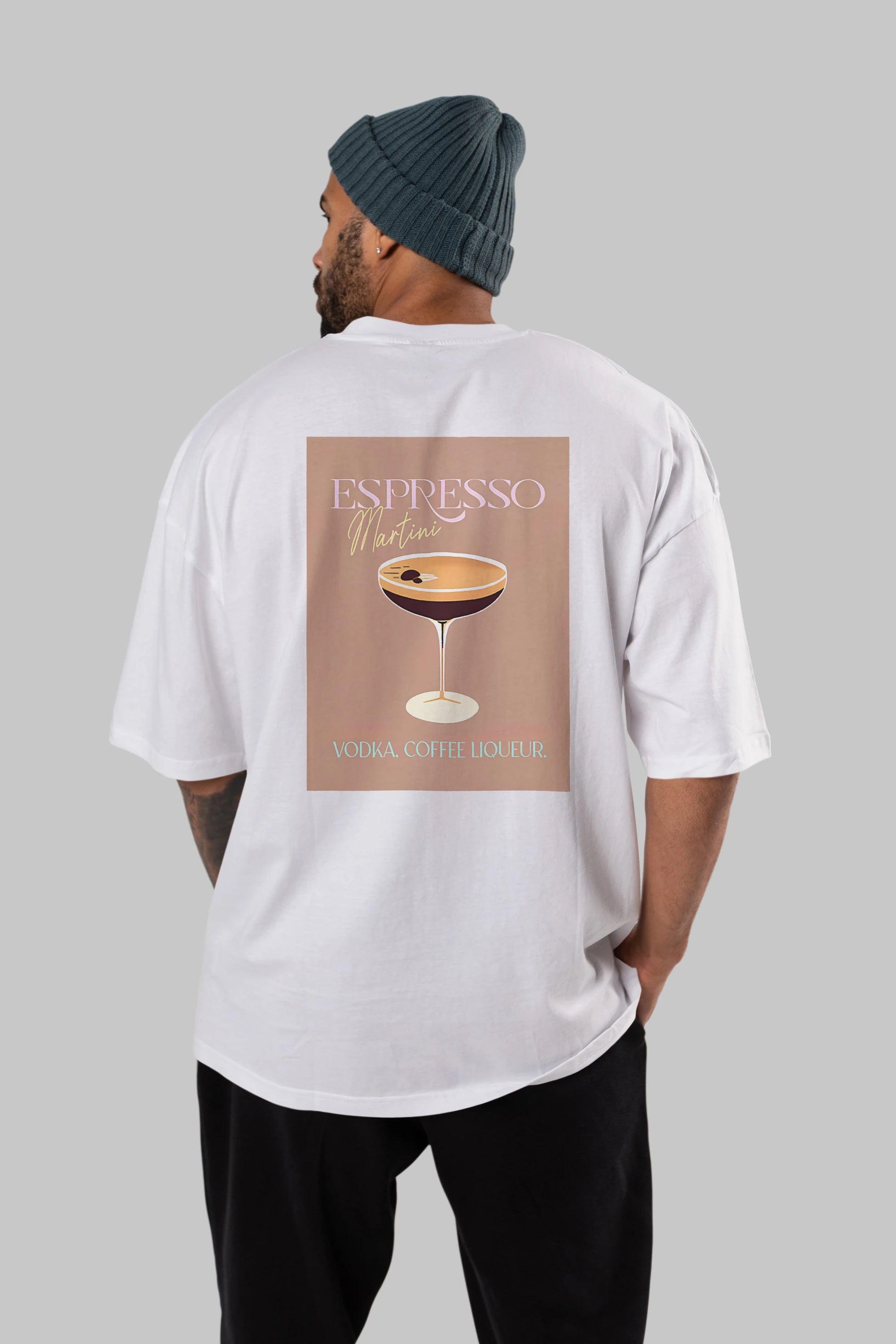 Espresso Martini Cocktail Arka Baskılı Oversize t-shirt Erkek Kadın Unisex %100 Pamuk Bisiklet Yaka tişort