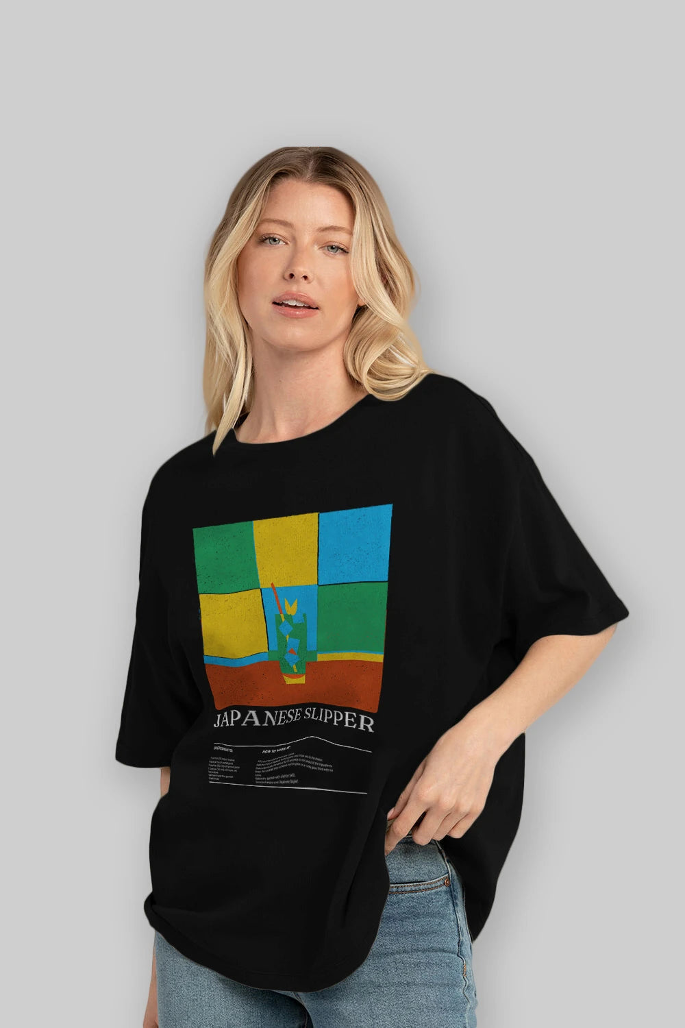 Japanese Slipper Kokteyl Ön Baskılı Oversize t-shirt Erkek Kadın %100 Pamuk Bisiklet Yaka tişort