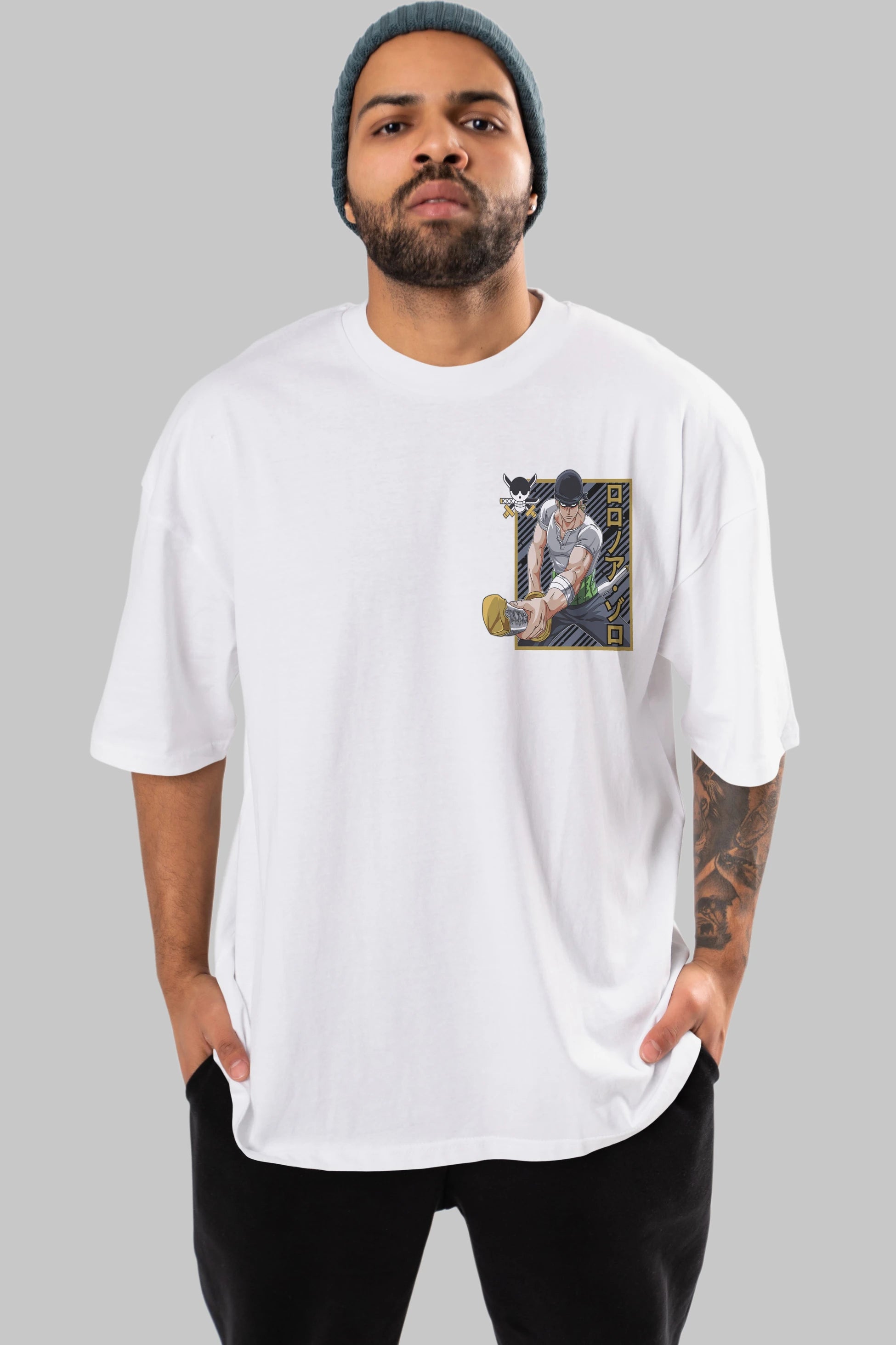RORONOA ZORO Ön Sol Baskılı Oversize t-shirt Erkek Kadın Unisex %100 Pamuk Bisiklet Yaka tişort
