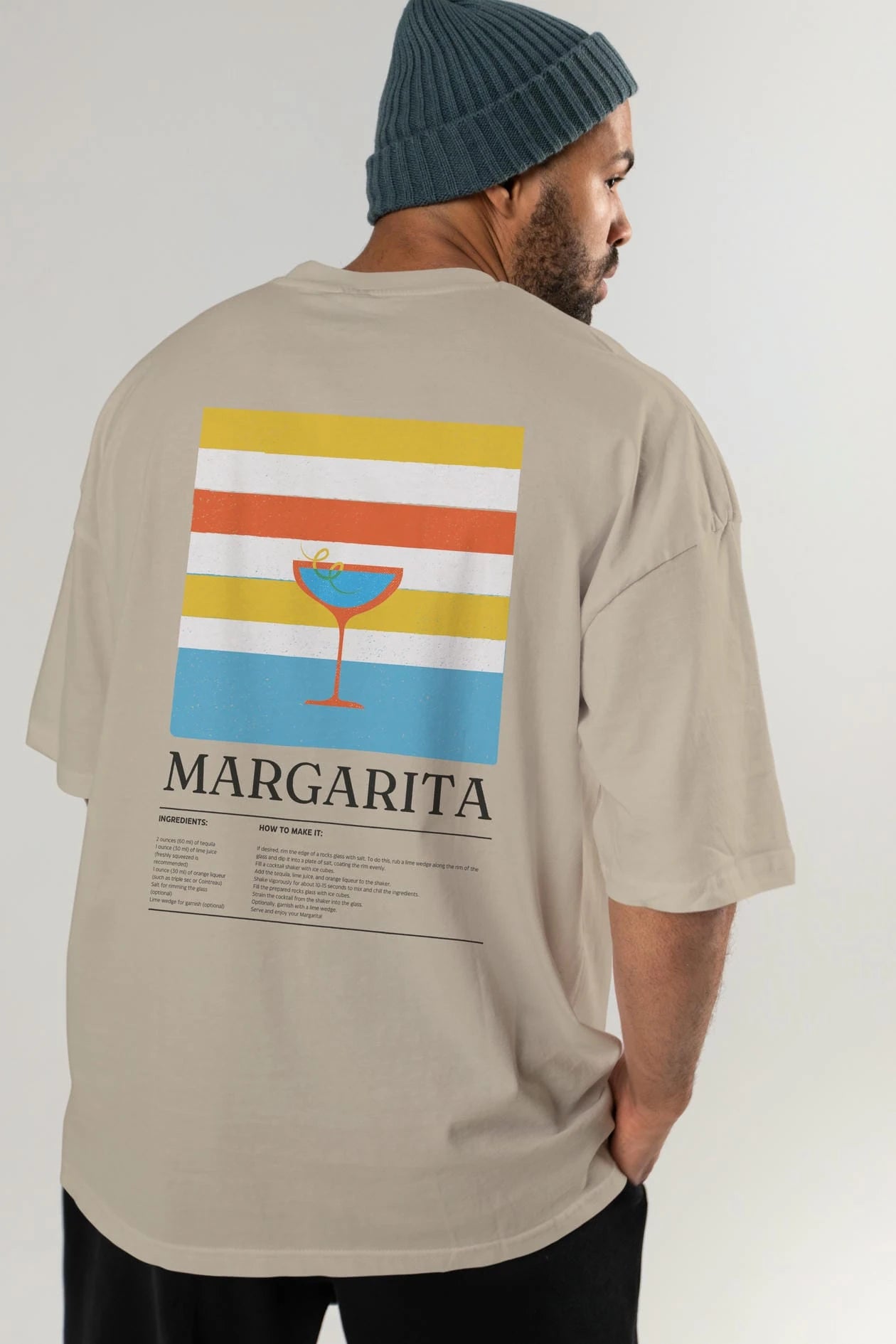 Margarita Kokteyl Serisi Arka Baskılı Oversize t-shirt Erkek Kadın %100 Pamuk Bisiklet Yaka tişort