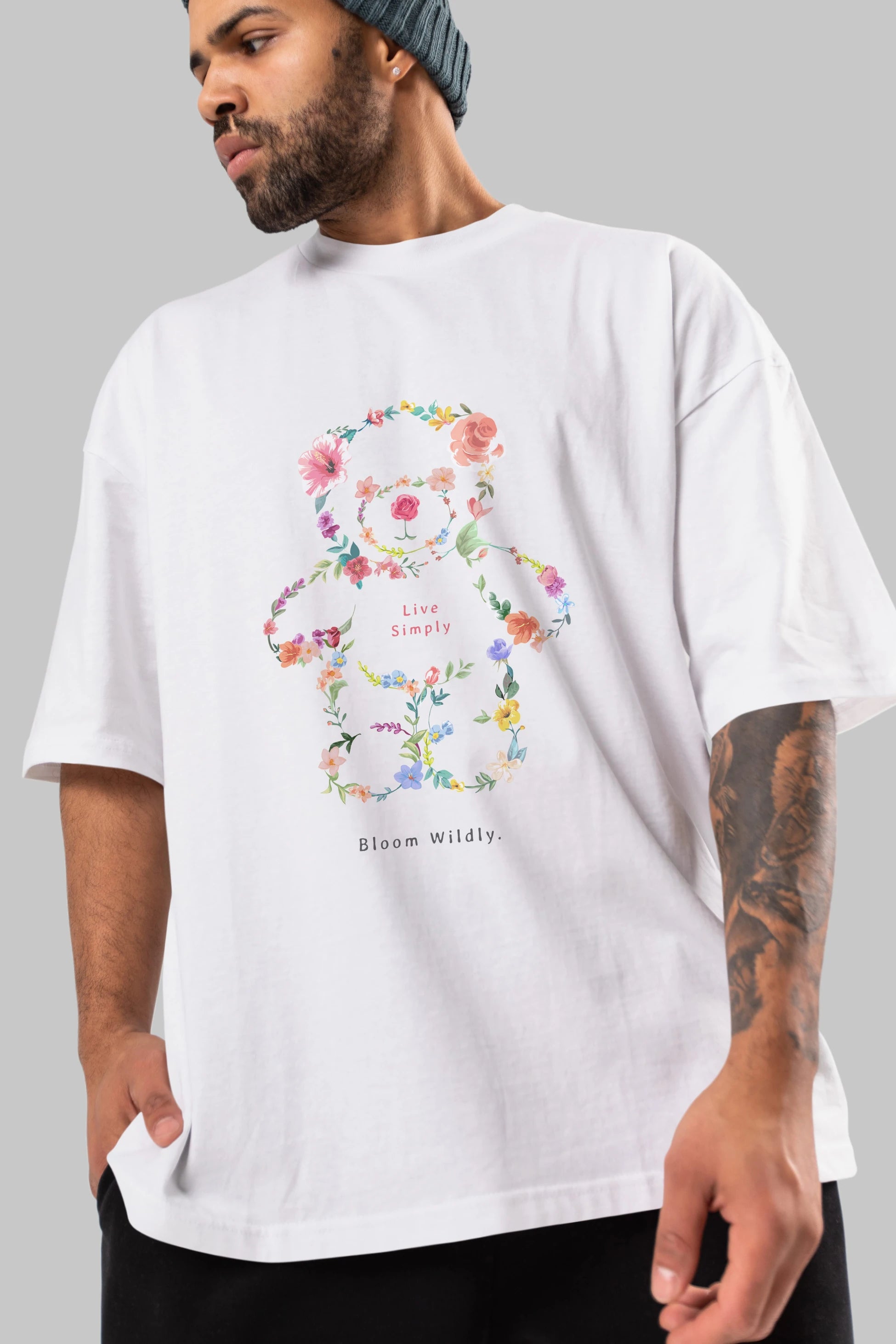 Teddy Bear Flowers Ön Baskılı Oversize t-shirt Erkek Kadın Unisex