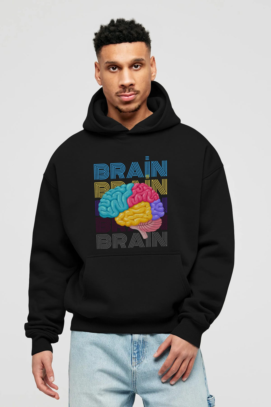 Brain Yazılı Ön Baskılı Oversize Hoodie Kapüşonlu Sweatshirt Erkek Kadın Unisex