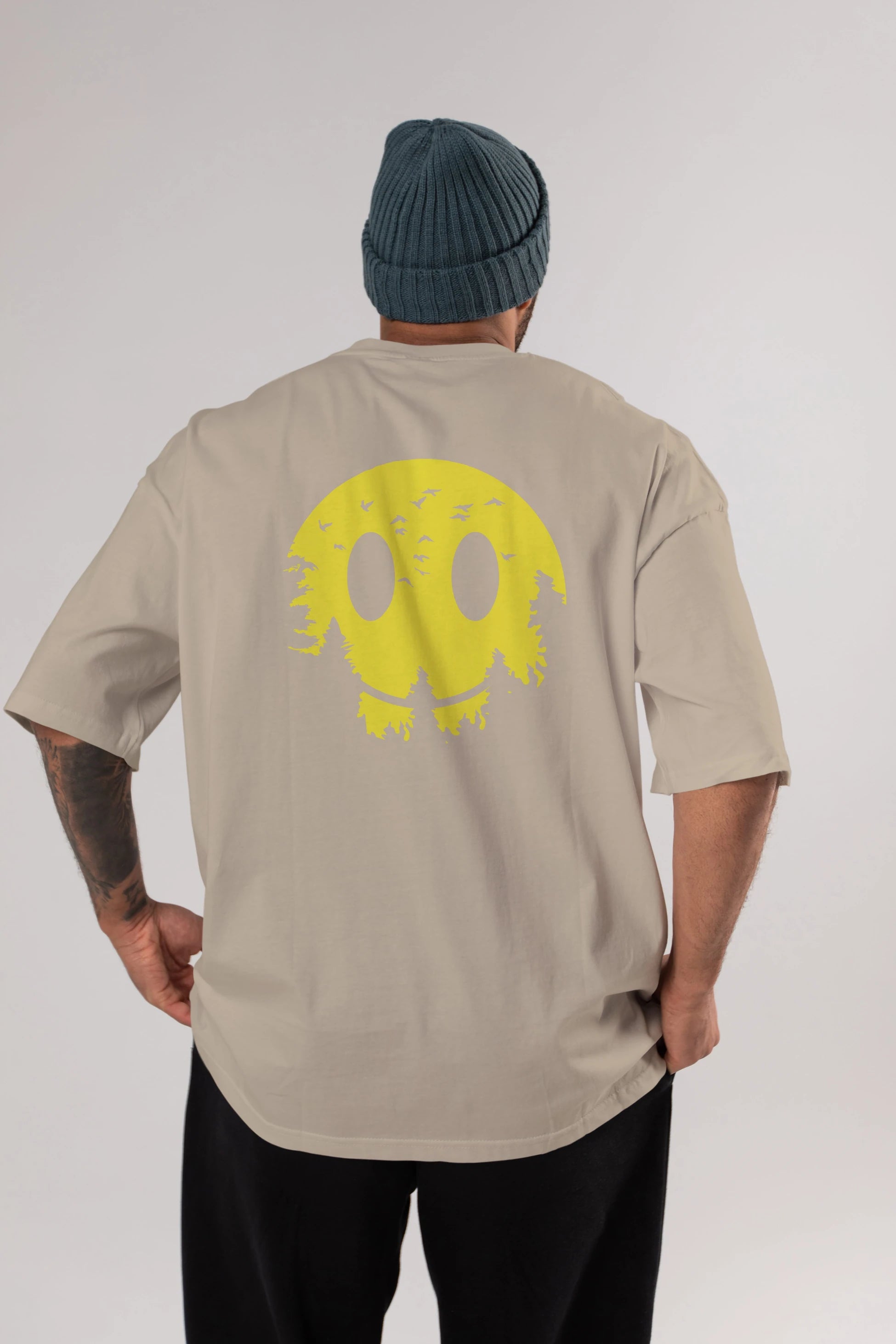 Smiley Moon Arka Baskılı Oversize t-shirt %100 pamuk Erkek Kadın Unisex