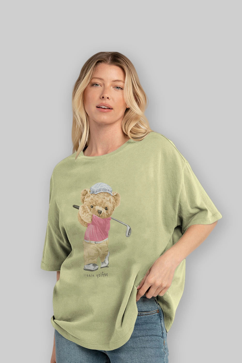 Teddy Bear Little Golfer Ön Baskılı Oversize t-shirt Erkek Kadın Unisex %100 Pamuk