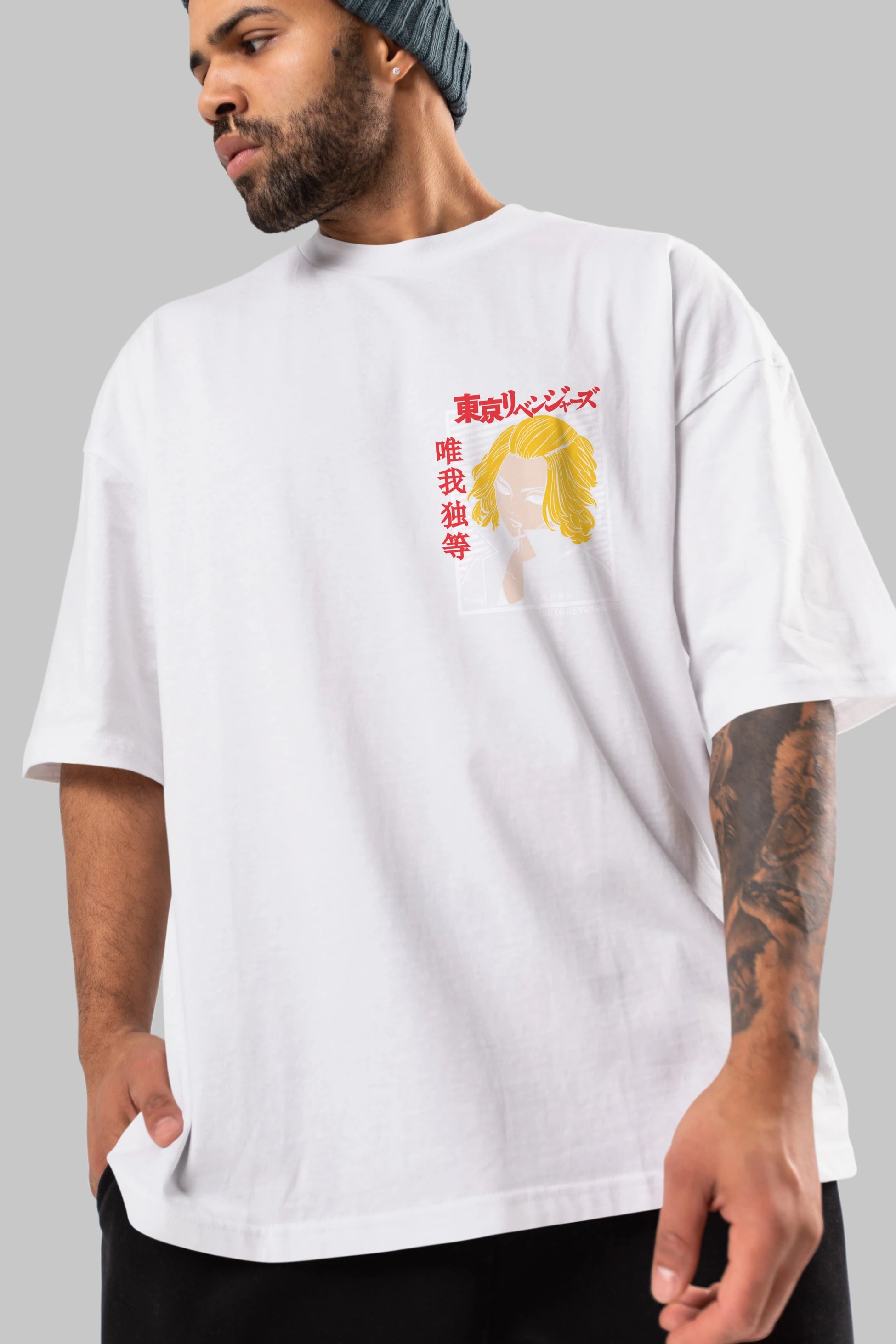 TokyoRev. M Ön Sol Baskılı Oversize t-shirt Erkek Kadın Unisex %100 Pamuk Bisiklet Yaka tişort