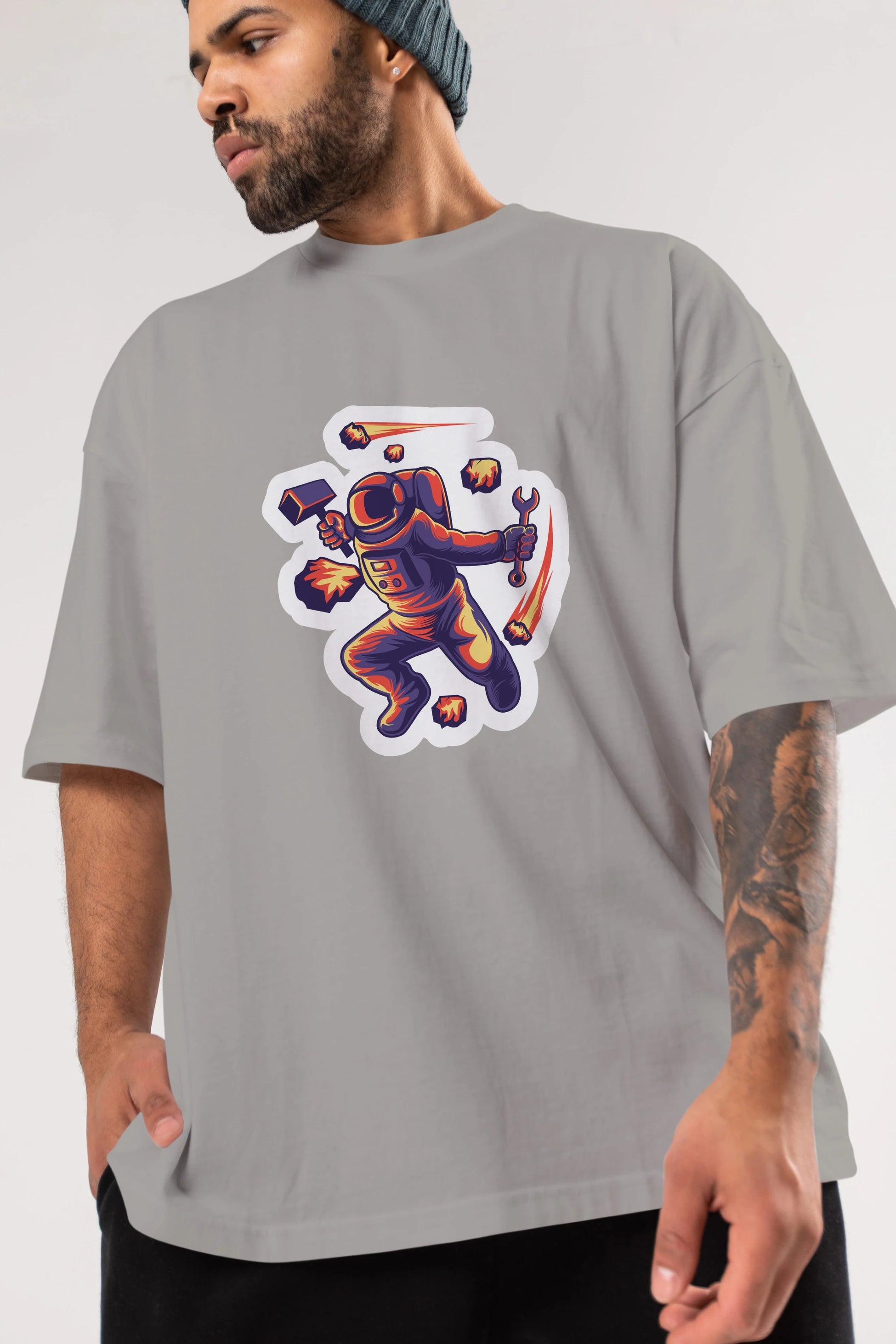 Astronaut Block Meteor Sticker Ön Baskılı Oversize t-shirt Erkek Kadın Unisex