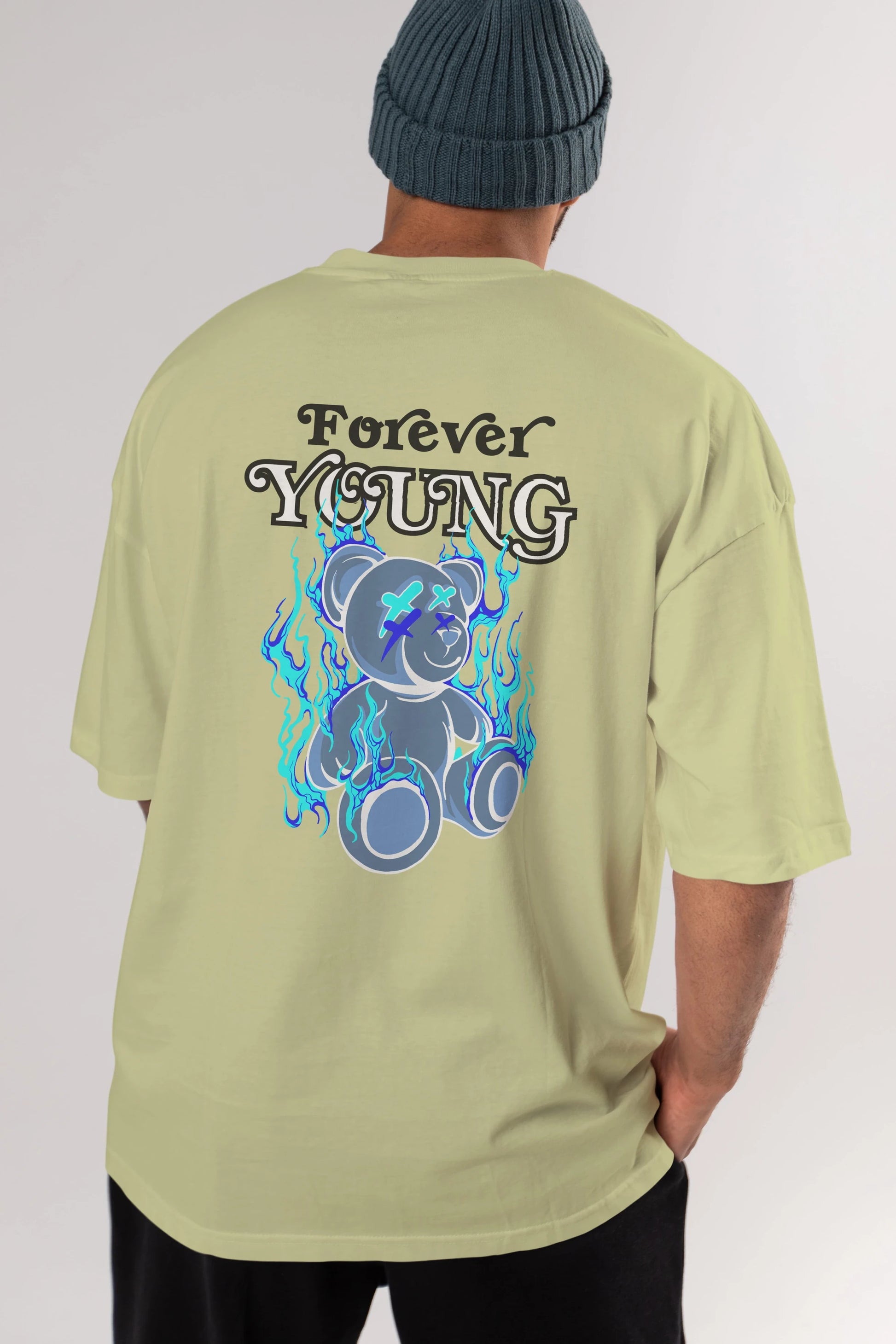 Forever Young Bear Arka Baskılı Oversize t-shirt Erkek Kadın Unisex