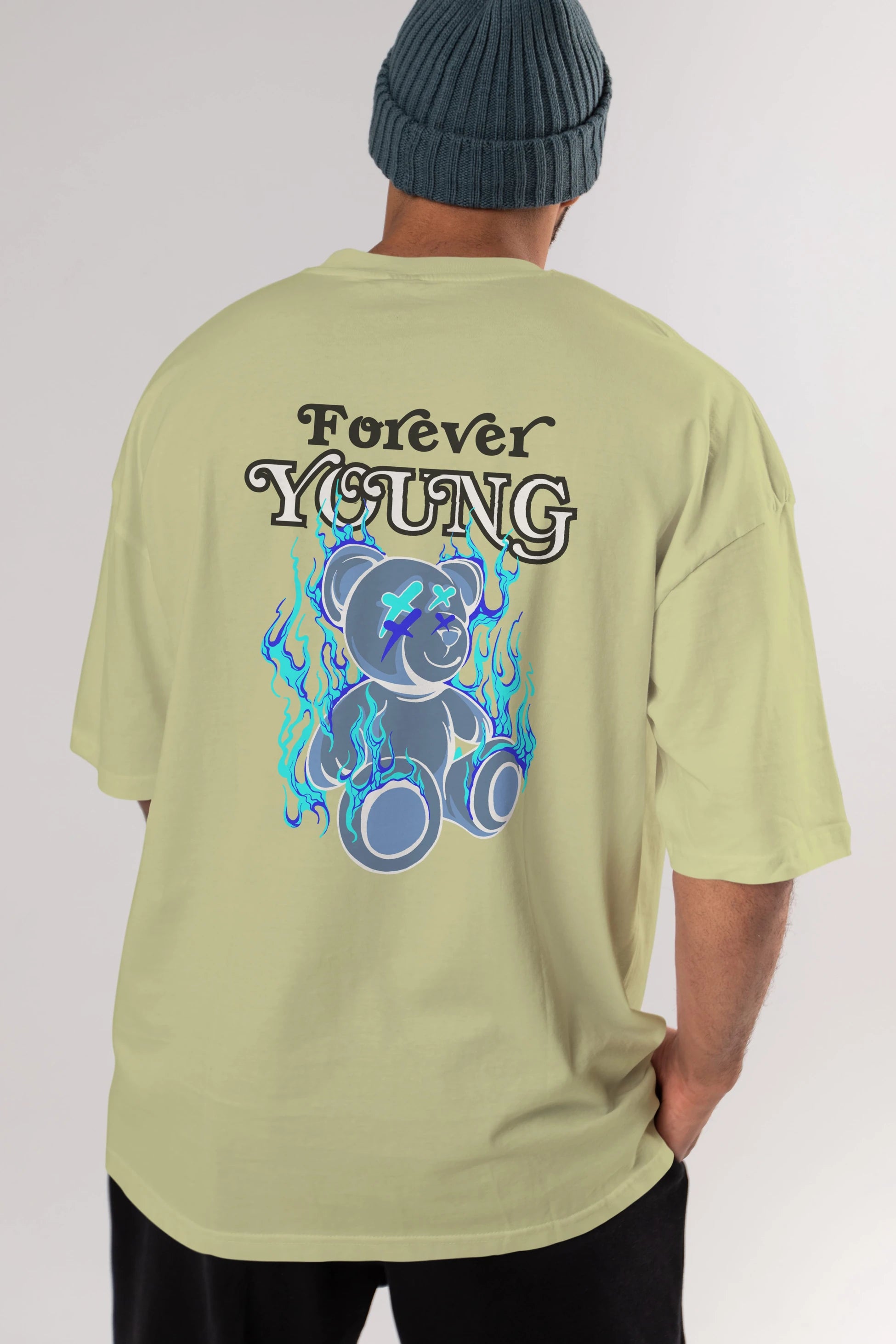 Forever Young Bear Arka Baskılı Oversize t-shirt Erkek Kadın Unisex