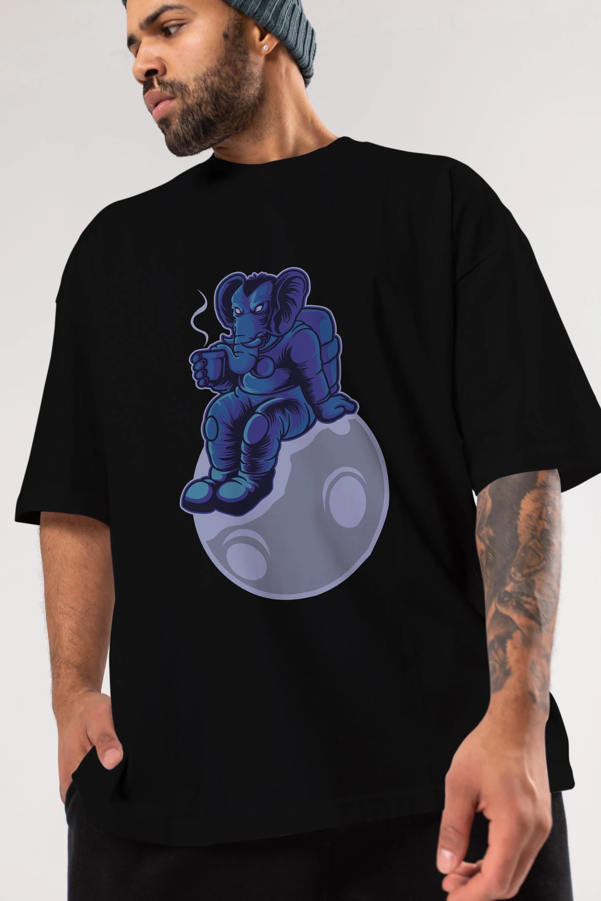 Space Elephant Drink Coffee Ön Baskılı Oversize t-shirt Erkek Kadın Unisex