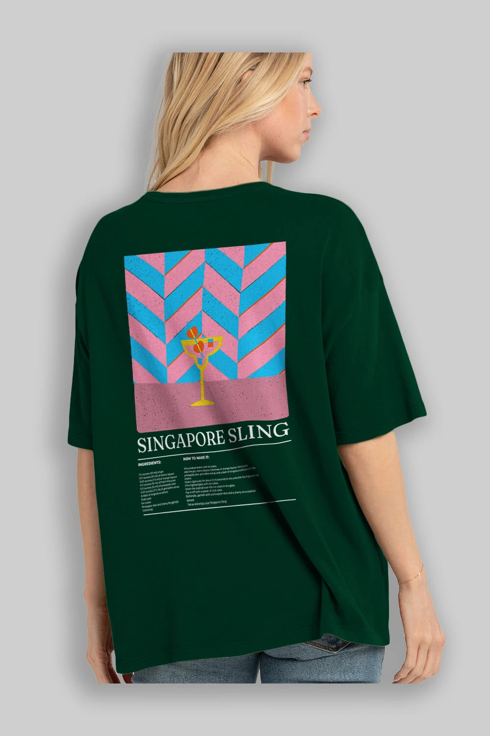Singapore Sling Kokteyl Serisi Arka Baskılı Oversize t-shirt Erkek Kadın %100 Pamuk Bisiklet Yaka tişort