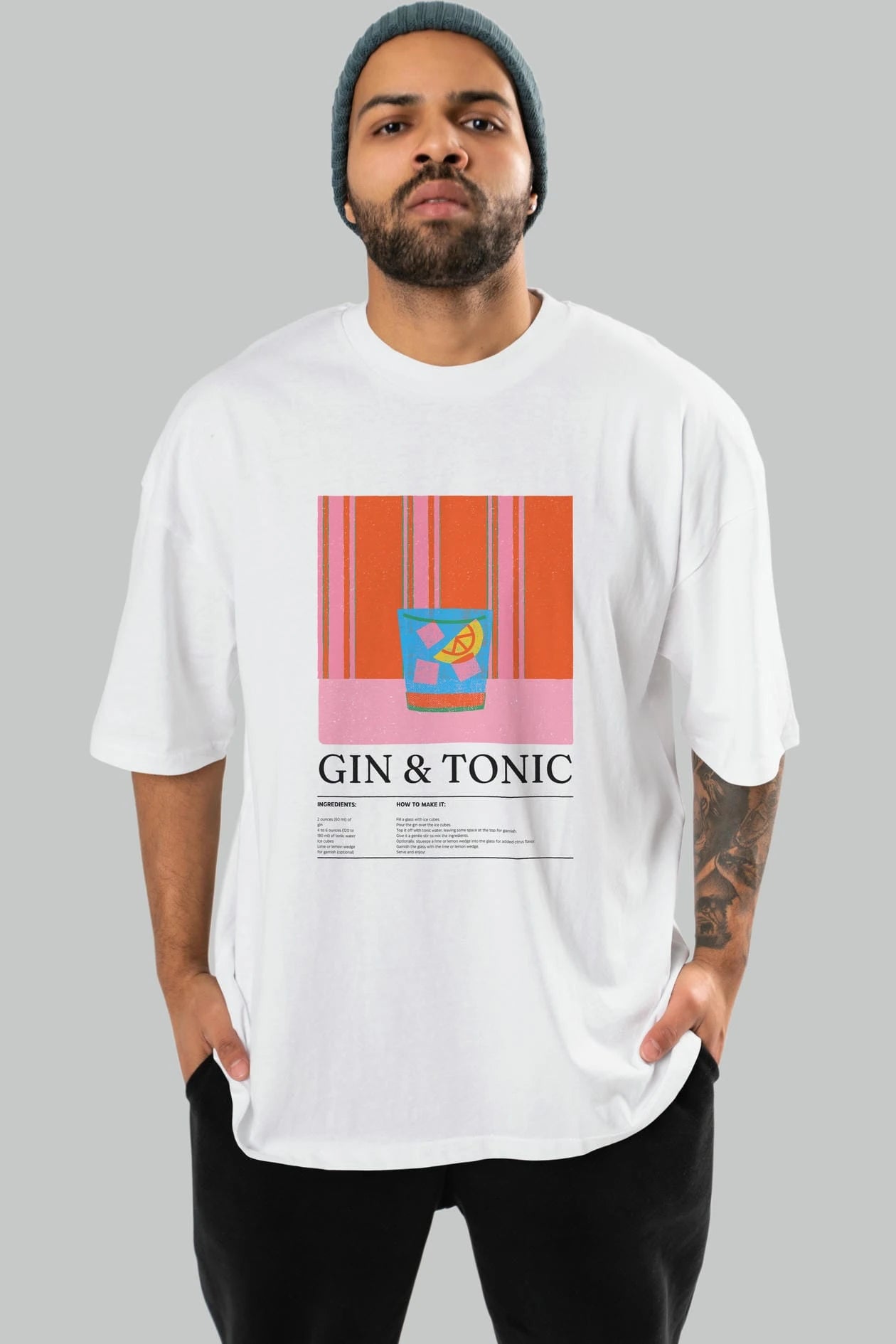 Gin tonic Kokteyl Ön Baskılı Oversize t-shirt Erkek Kadın %100 Pamuk Bisiklet Yaka tişort