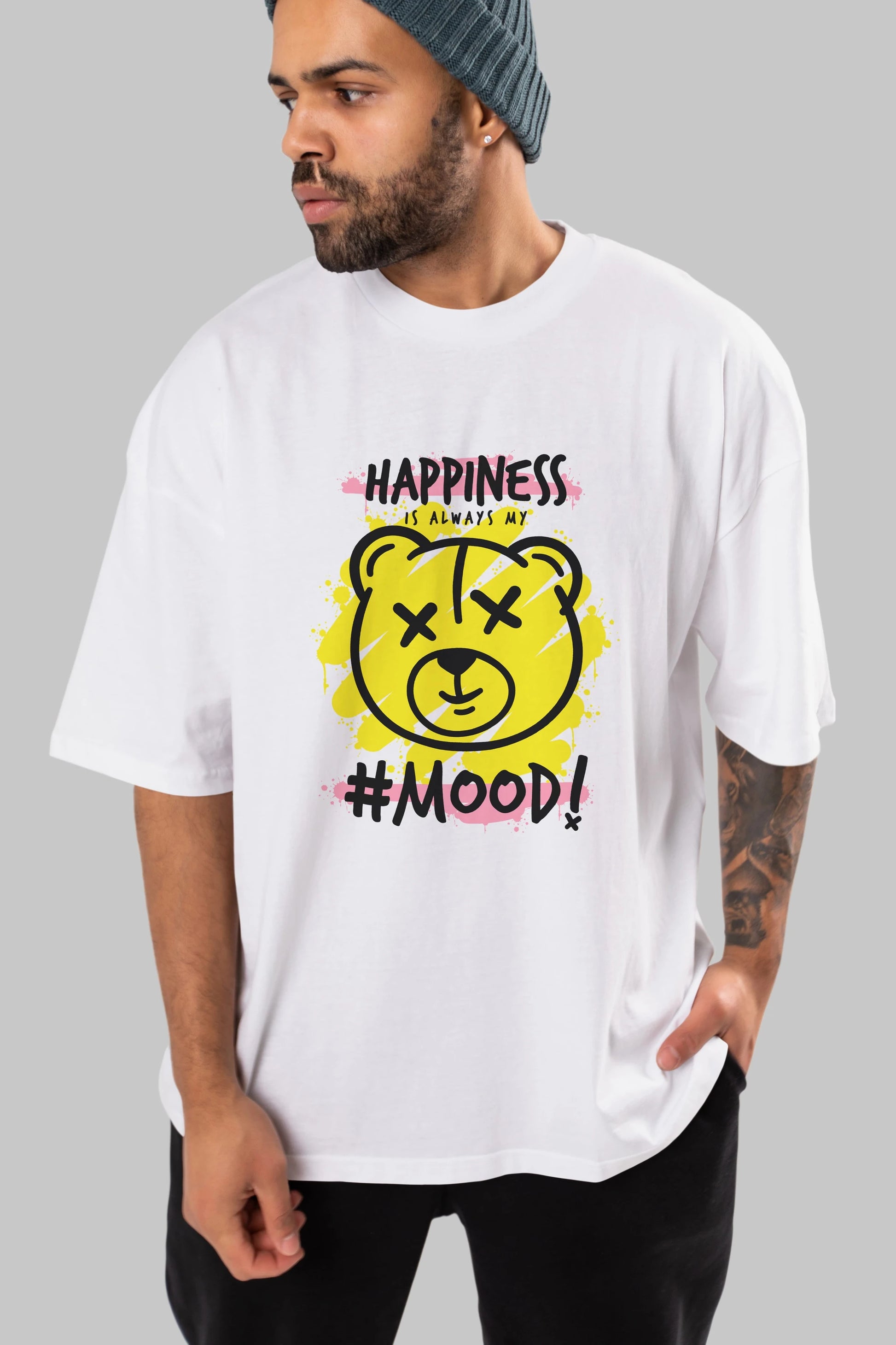 Happiness Mood Bear Ön Baskılı Oversize t-shirt Erkek Kadın Unisex