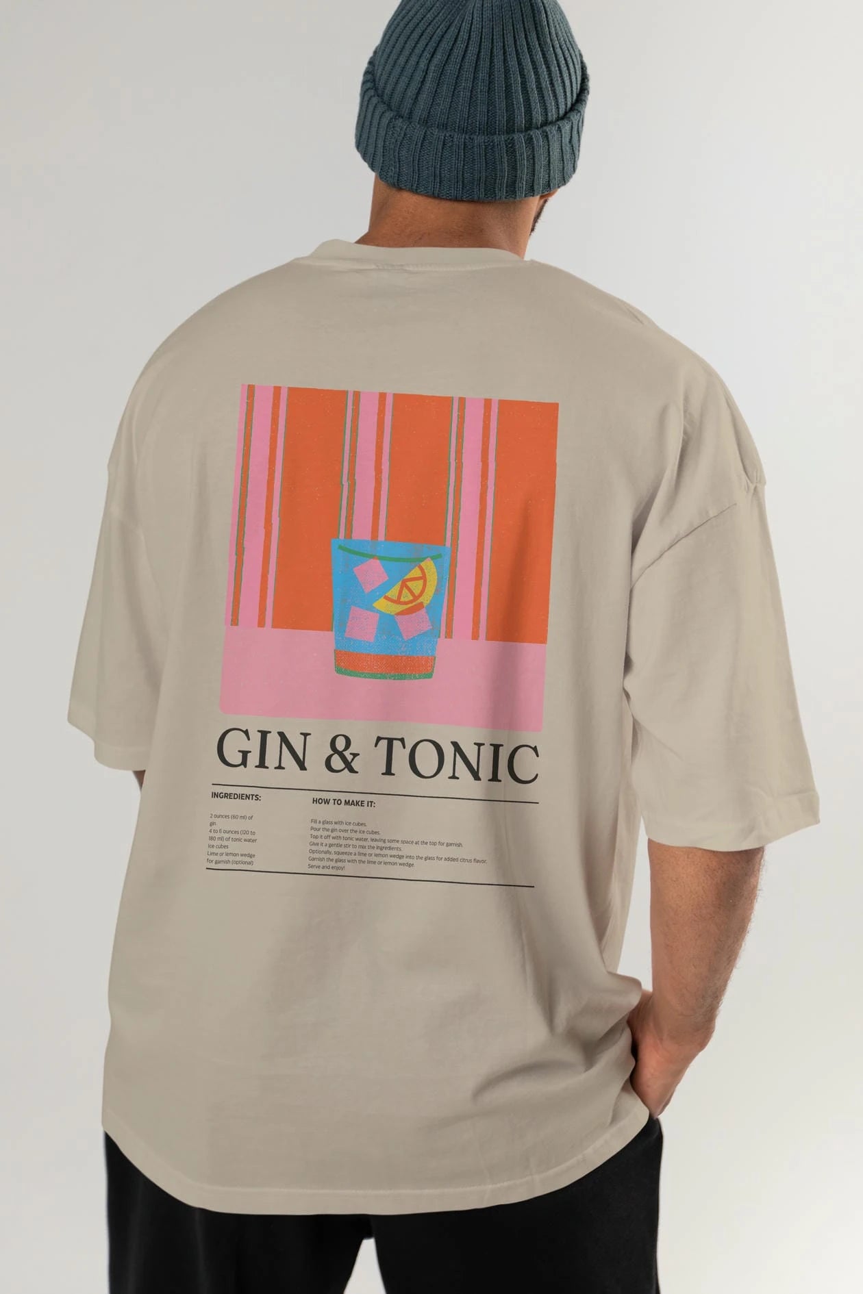 Gin Tonic Kokteyl Serisi Arka Baskılı Oversize t-shirt Erkek Kadın %100 Pamuk Bisiklet Yaka tişort