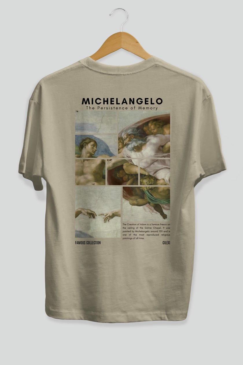 Michelangelo Arka Baskılı Oversize t-shirt Erkek Kadın Bisiklet Yaka Pamuk tişort