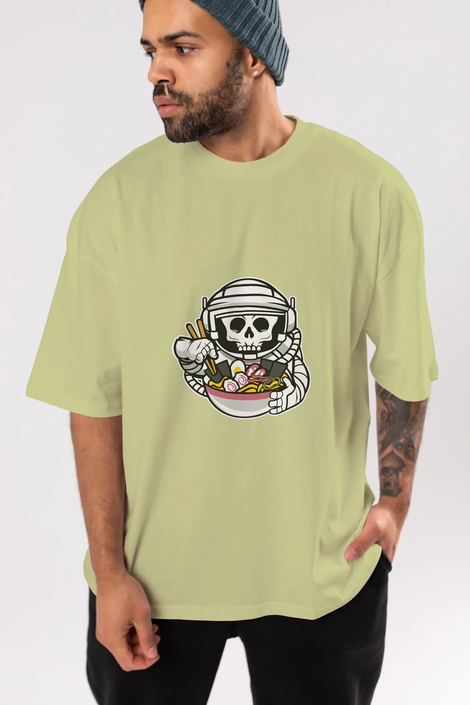 Astronaut Ramen Ön Baskılı Oversize t-shirt Erkek Kadın Unisex %100 Pamuk tişort