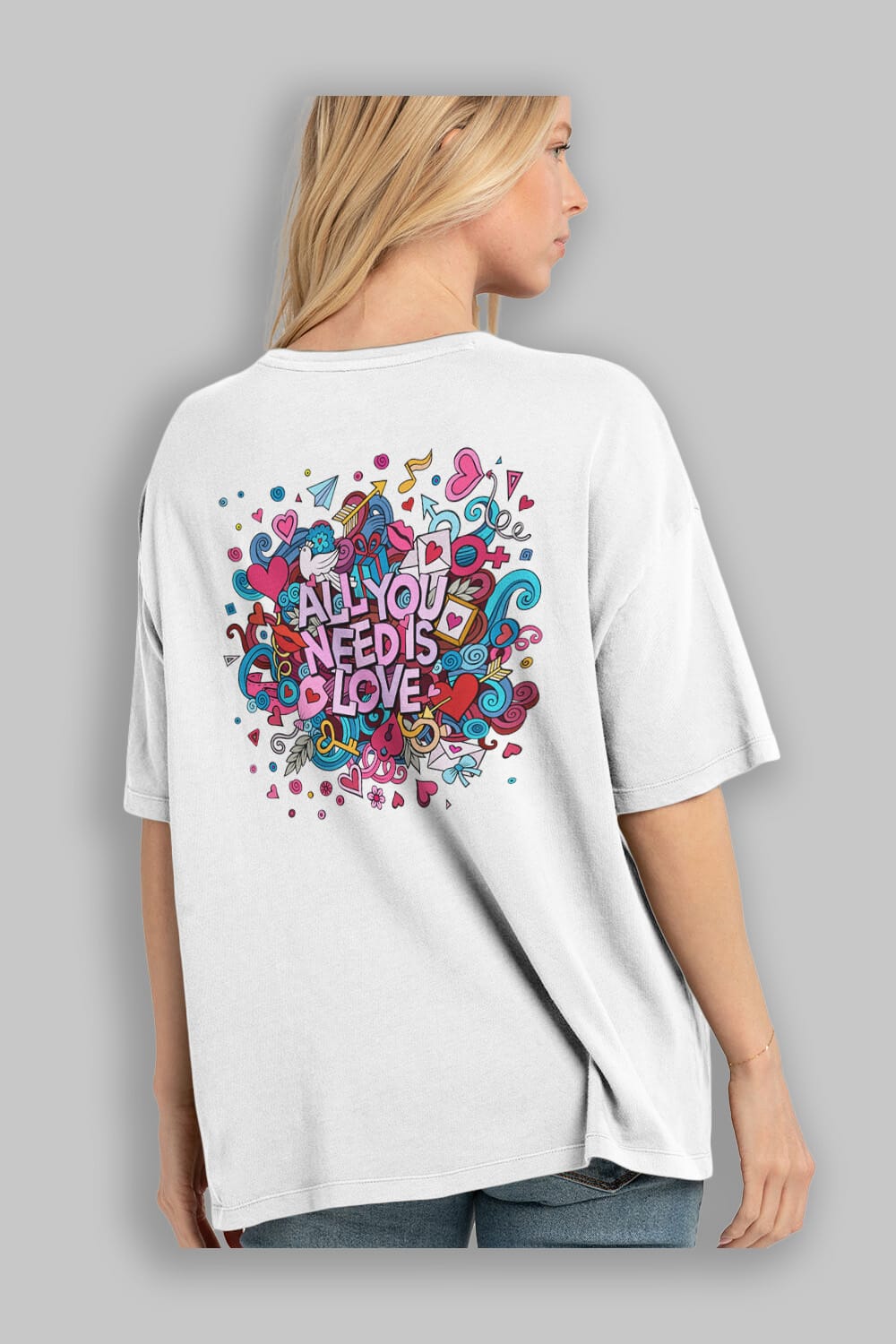 Cute Fun Colorful Heart Art Love Arka Baskılı Oversize t-shirt Erkek Kadın Unisex