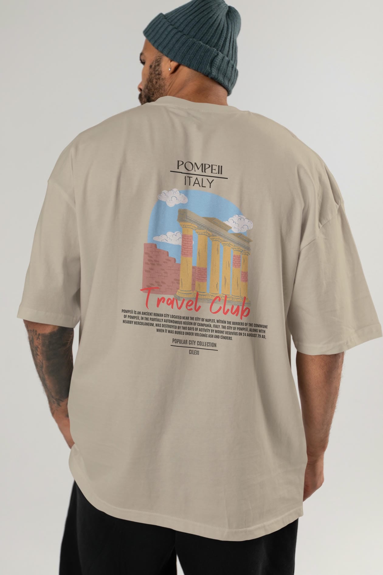 Pompeii İtaly Arka Baskılı Oversize t-shirt Erkek Kadın Pamuk Bisiklet Yaka tişort