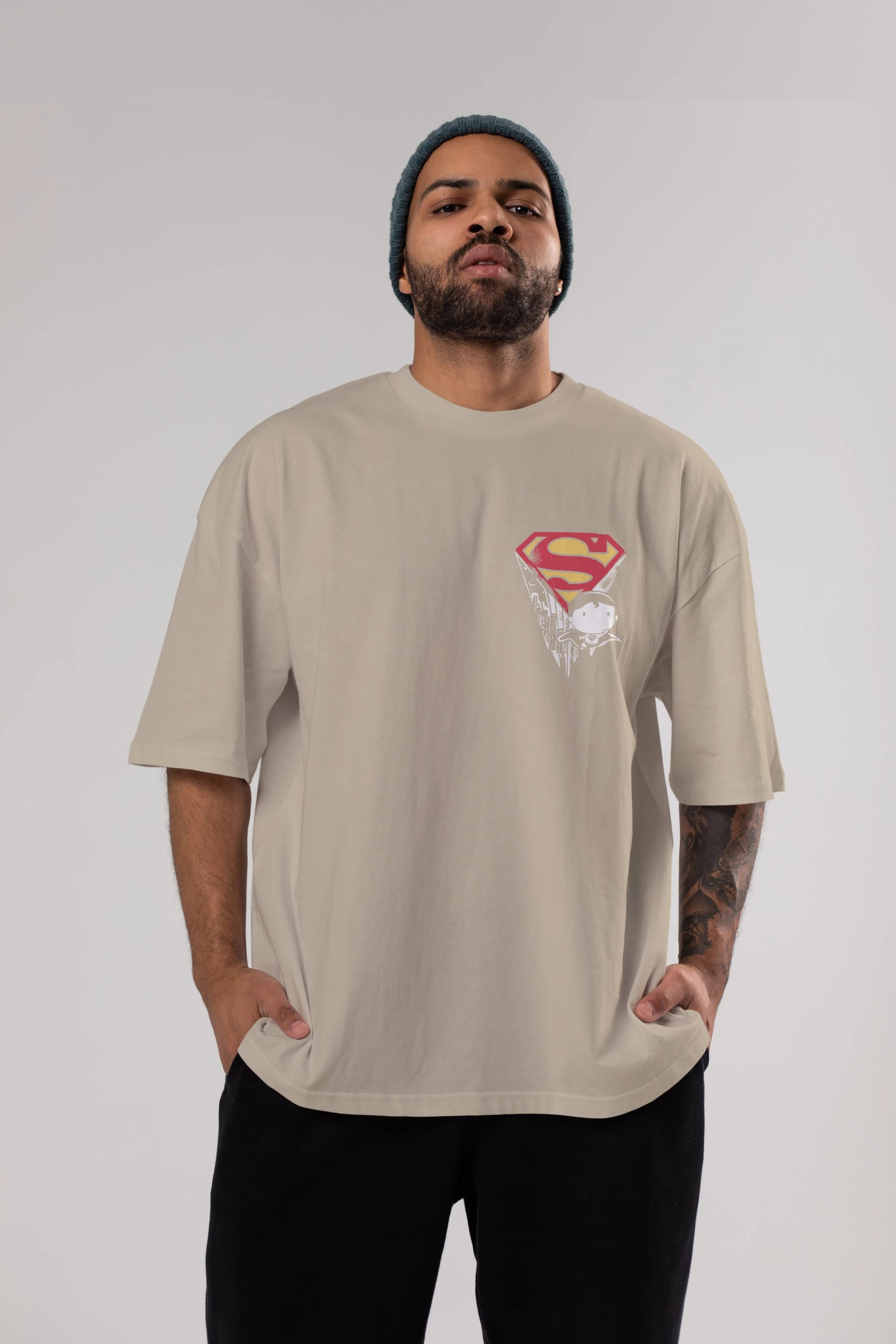 Superman Ön Sol Baskılı Oversize t-shirt Erkek Kadın Unisex %100 Pamuk Bisiklet Yaka tişort