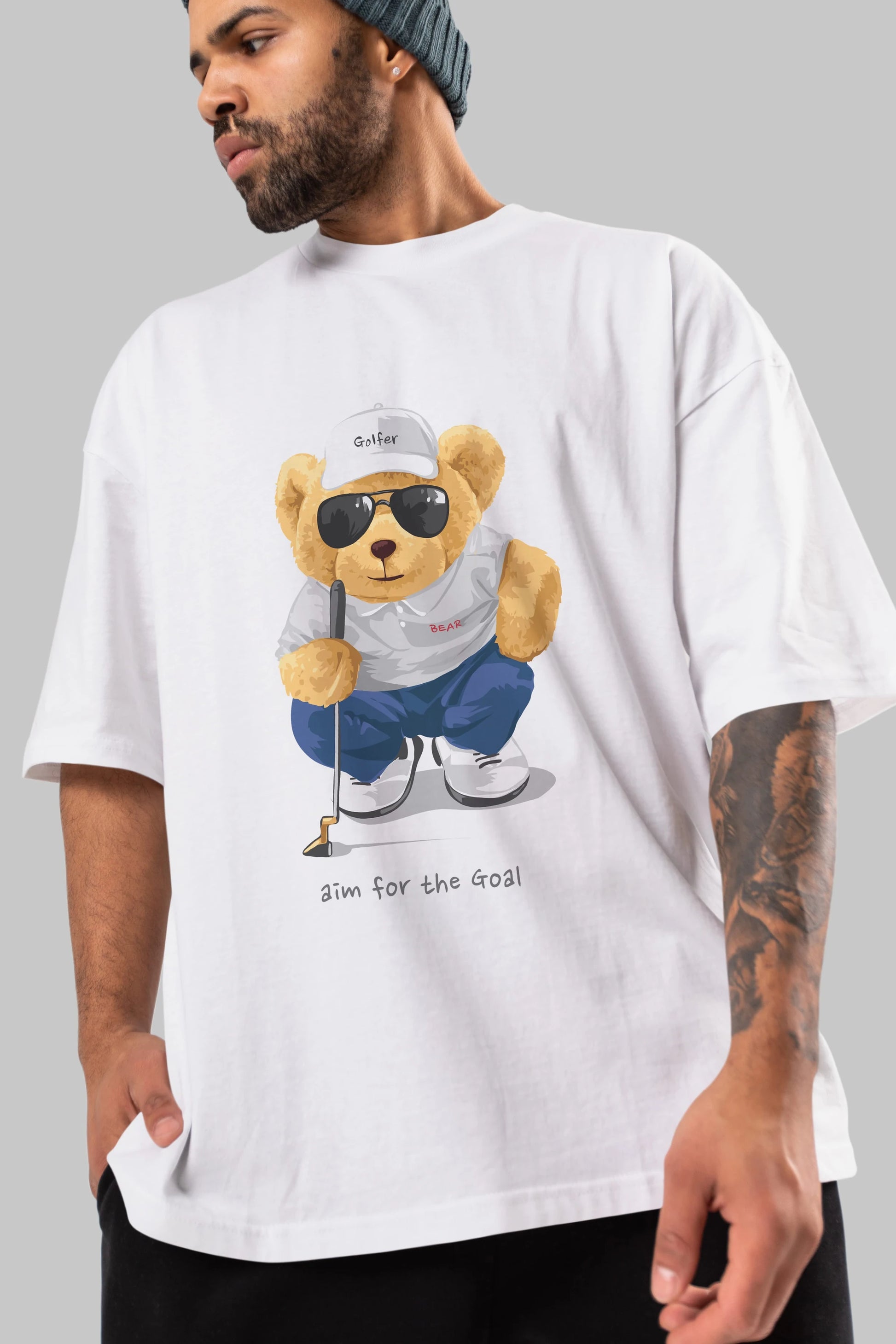 Teddy Bear Golfer Ön Baskılı Oversize t-shirt Erkek Kadın Unisex %100 Pamuk