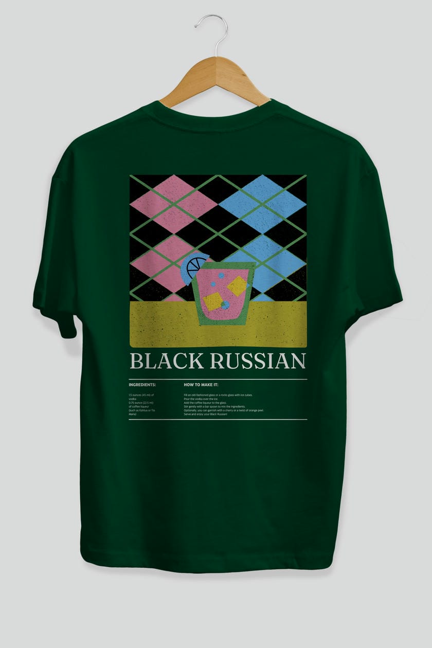 Black Russian Kokteyl Serisi Arka Baskılı Oversize t-shirt Erkek Kadın %100 Pamuk Bisiklet Yaka tişort