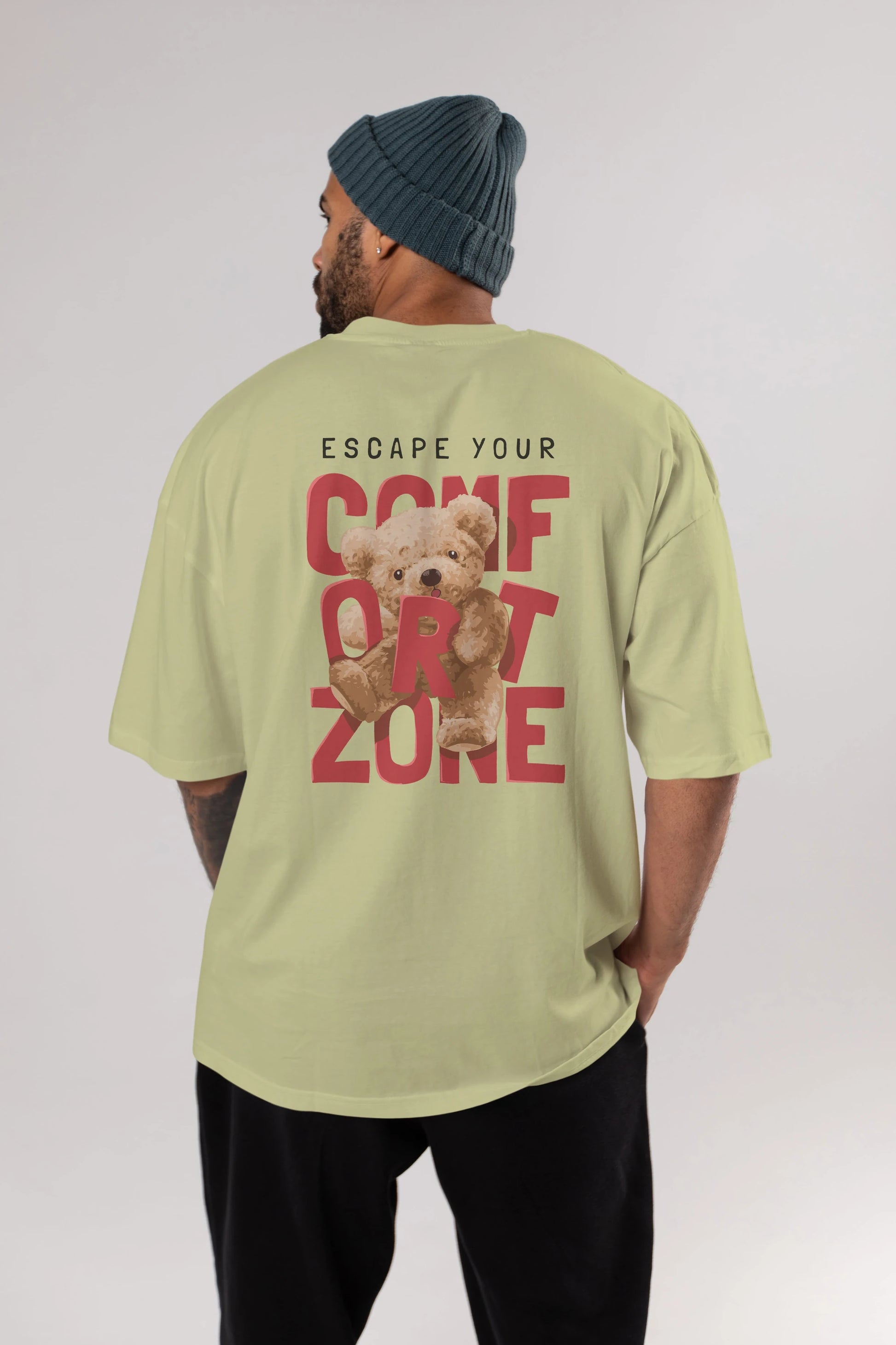 Teddy Bear Escape Comfort Zone Arka Baskılı Oversize t-shirt Erkek Kadın Unisex %100 Pamuk