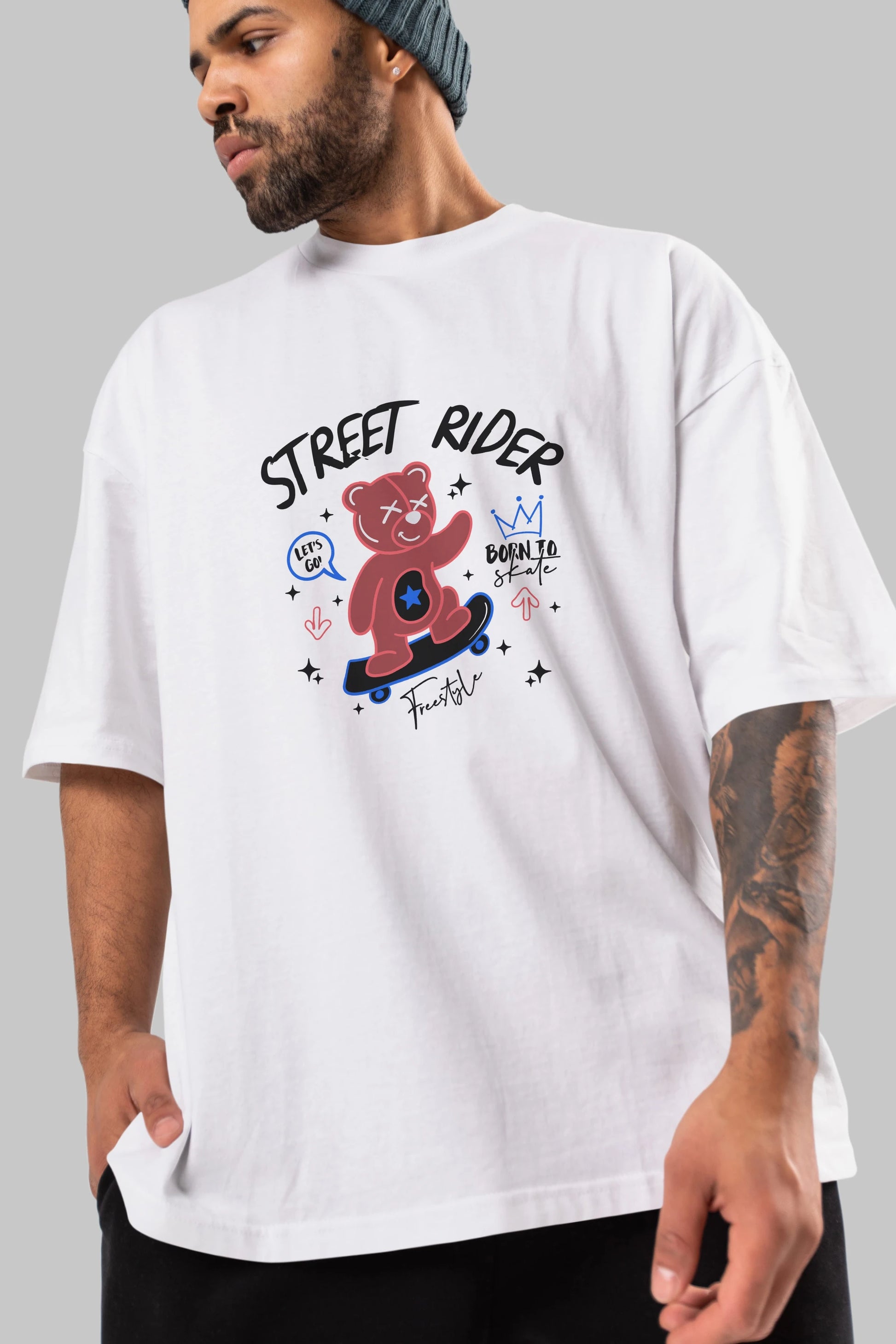 Street Rider Bear Ön Baskılı Oversize t-shirt Erkek Kadın Unisex