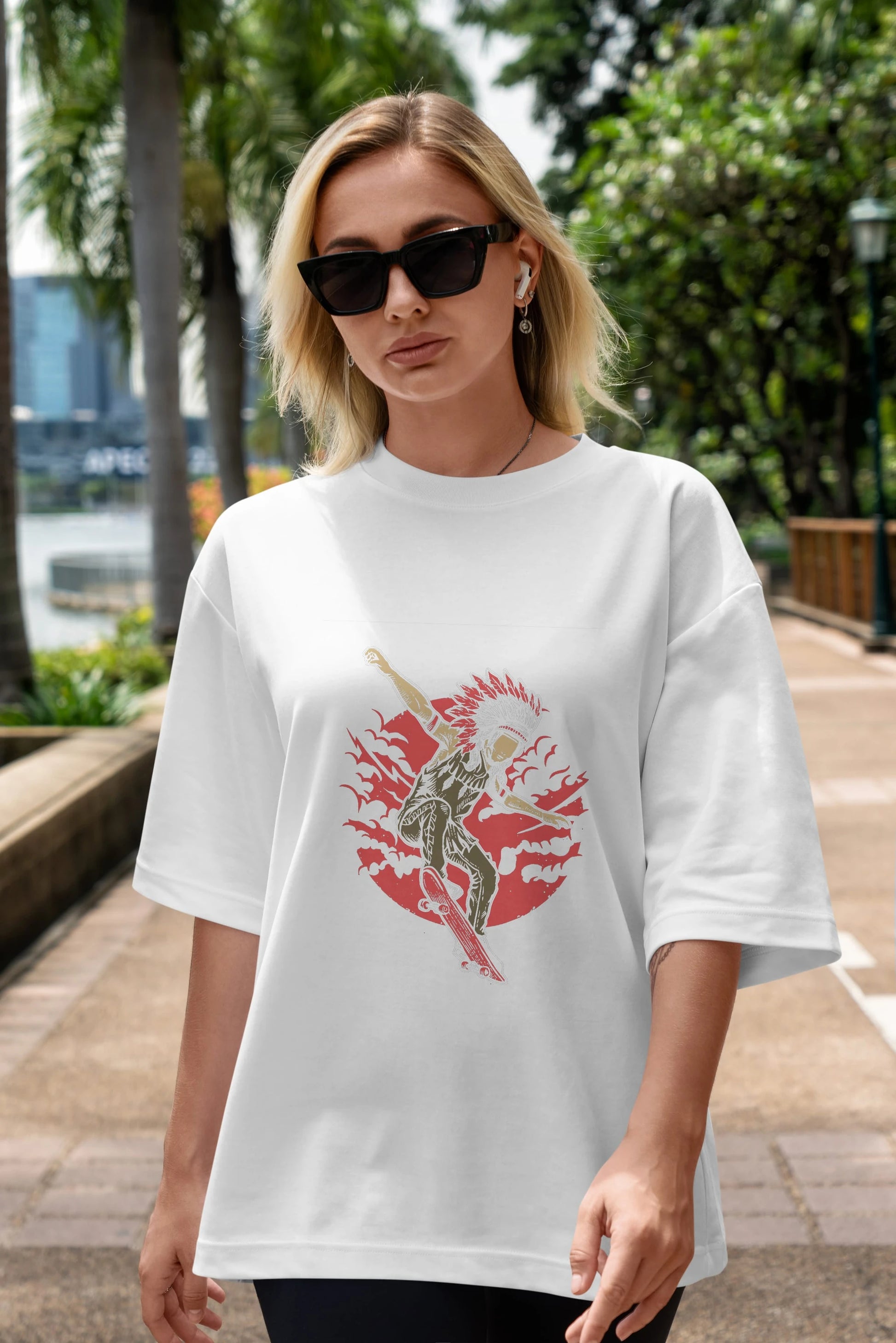 Indian Chief Skateboard Ön Baskılı Oversize t-shirt Erkek Kadın Unisex %100 Pamuk tişort