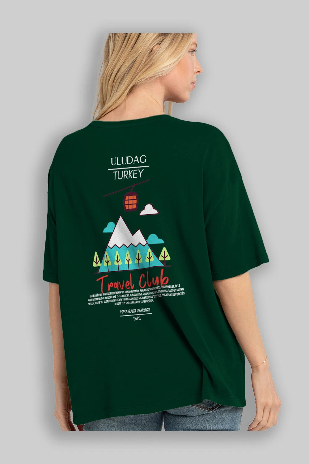 Uludağ Turkey Arka Baskılı Oversize t-shirt Erkek Kadın Pamuk Bisiklet Yaka tişort