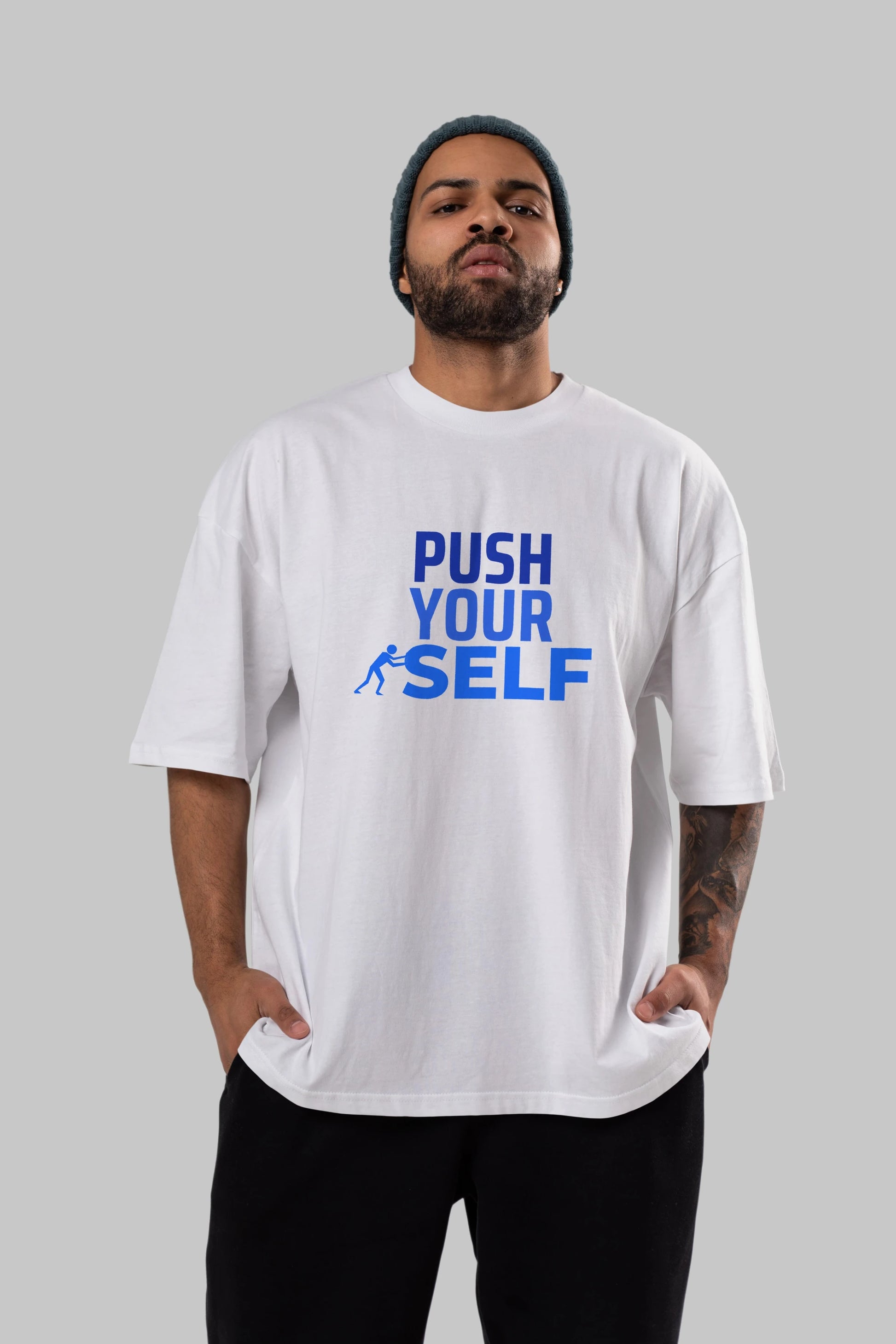 Push Yourself Yazılı Ön Baskılı Oversize t-shirt Erkek Kadın Unisex
