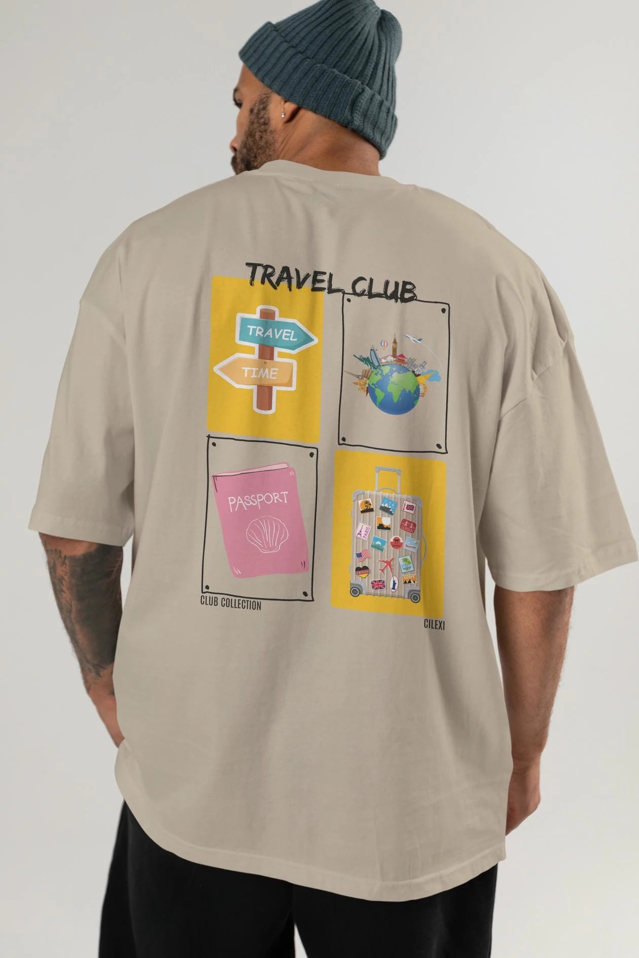 Travel Club Arka Baskılı Oversize t-shirt Erkek Kadın %100 Pamuk Bisiklet Yaka tişort