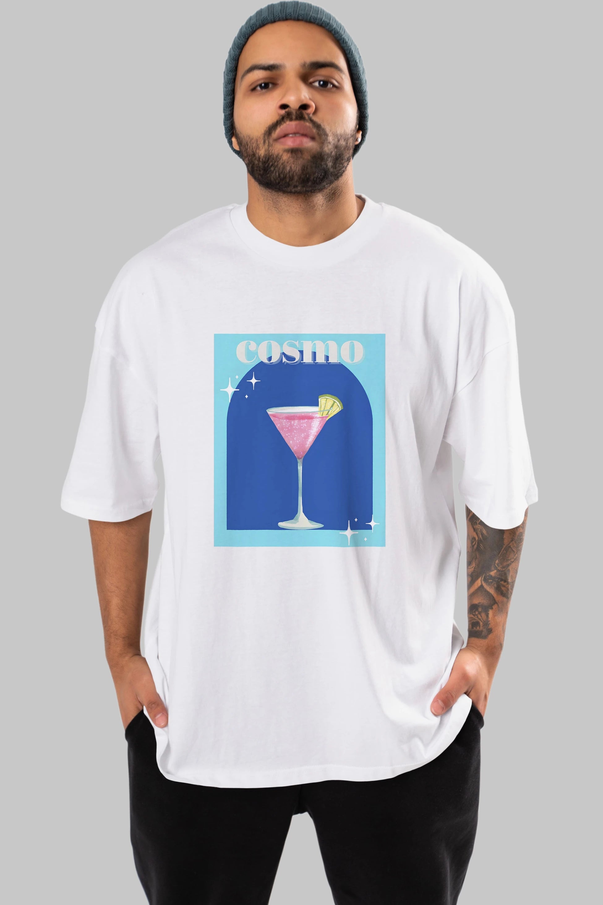 Cosmopolitan 2 Ön Baskılı Oversize t-shirt Erkek Kadın Unisex %100 Pamuk Bisiklet Yaka tişort