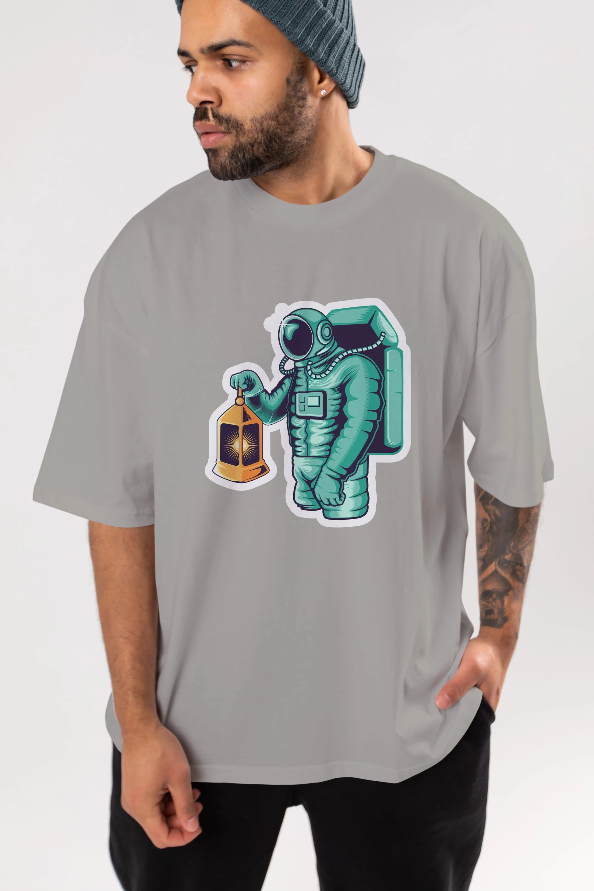 Astronaut Lantern Sticker Ön Baskılı Oversize t-shirt Erkek Kadın Unisex
