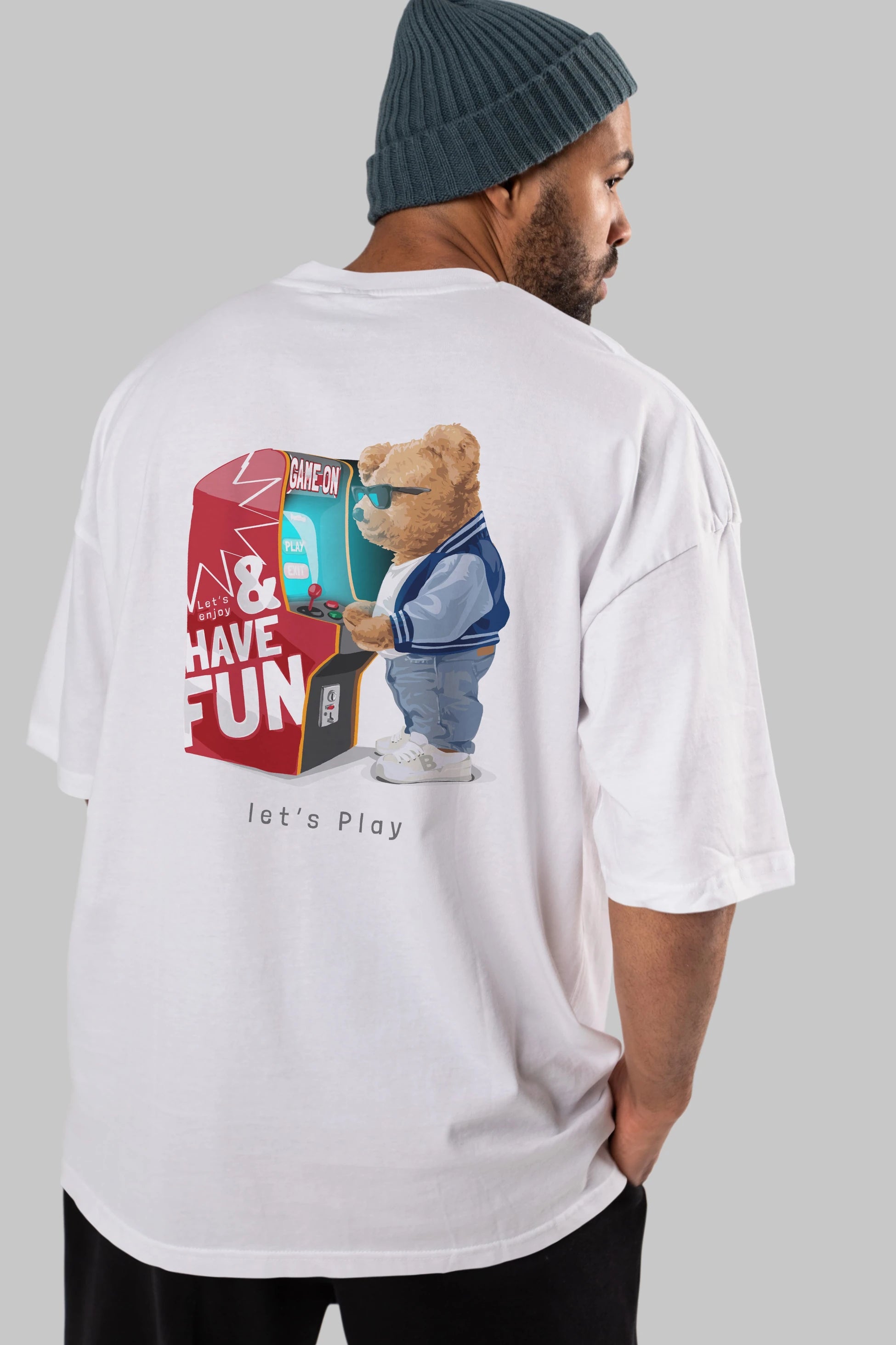 Teddy Bear Lets Play Arka Baskılı Oversize t-shirt Erkek Kadın Unisex %100 Pamuk