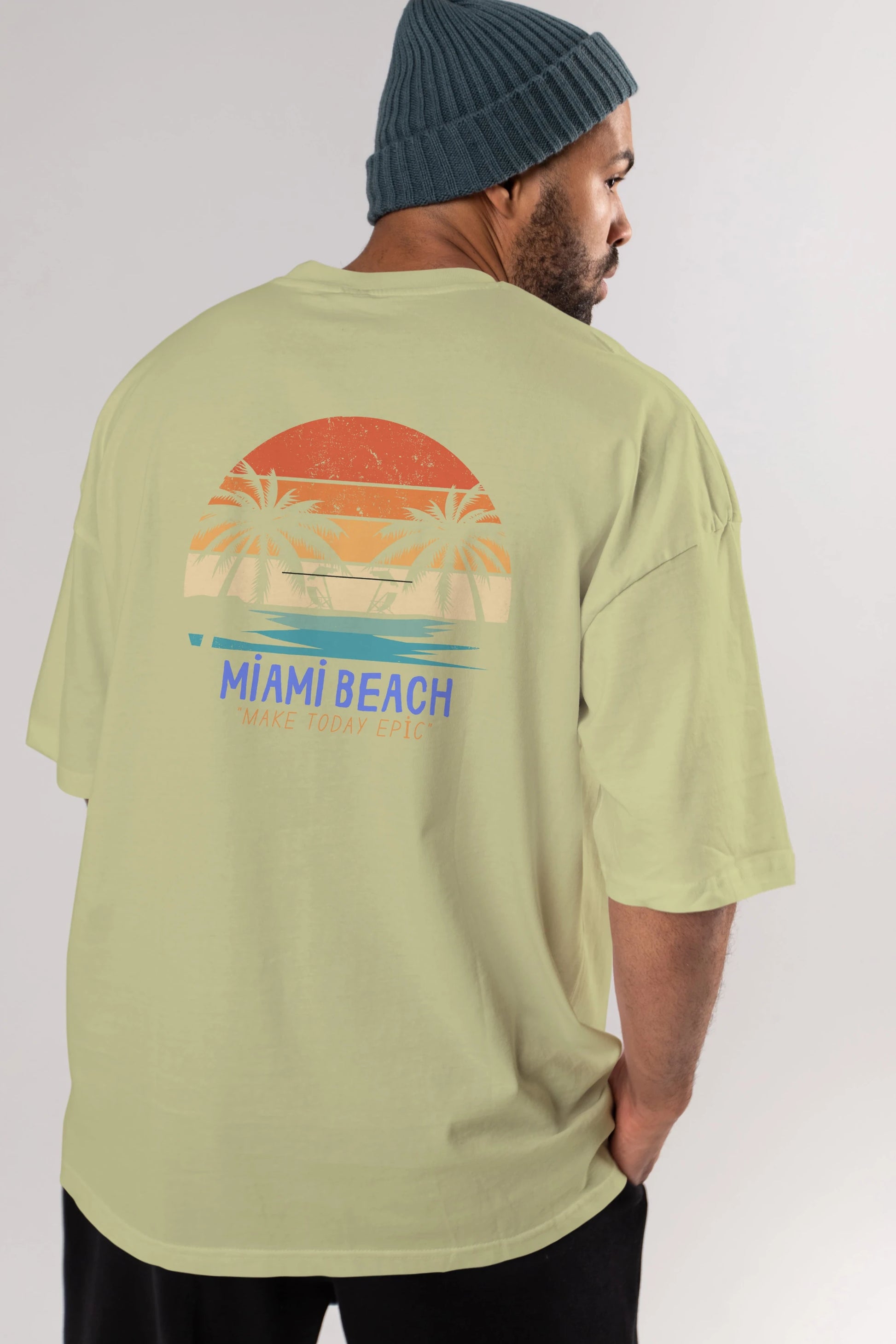 Miami Beach Yazılı Arka Baskılı Oversize t-shirt Erkek Kadın Unisex