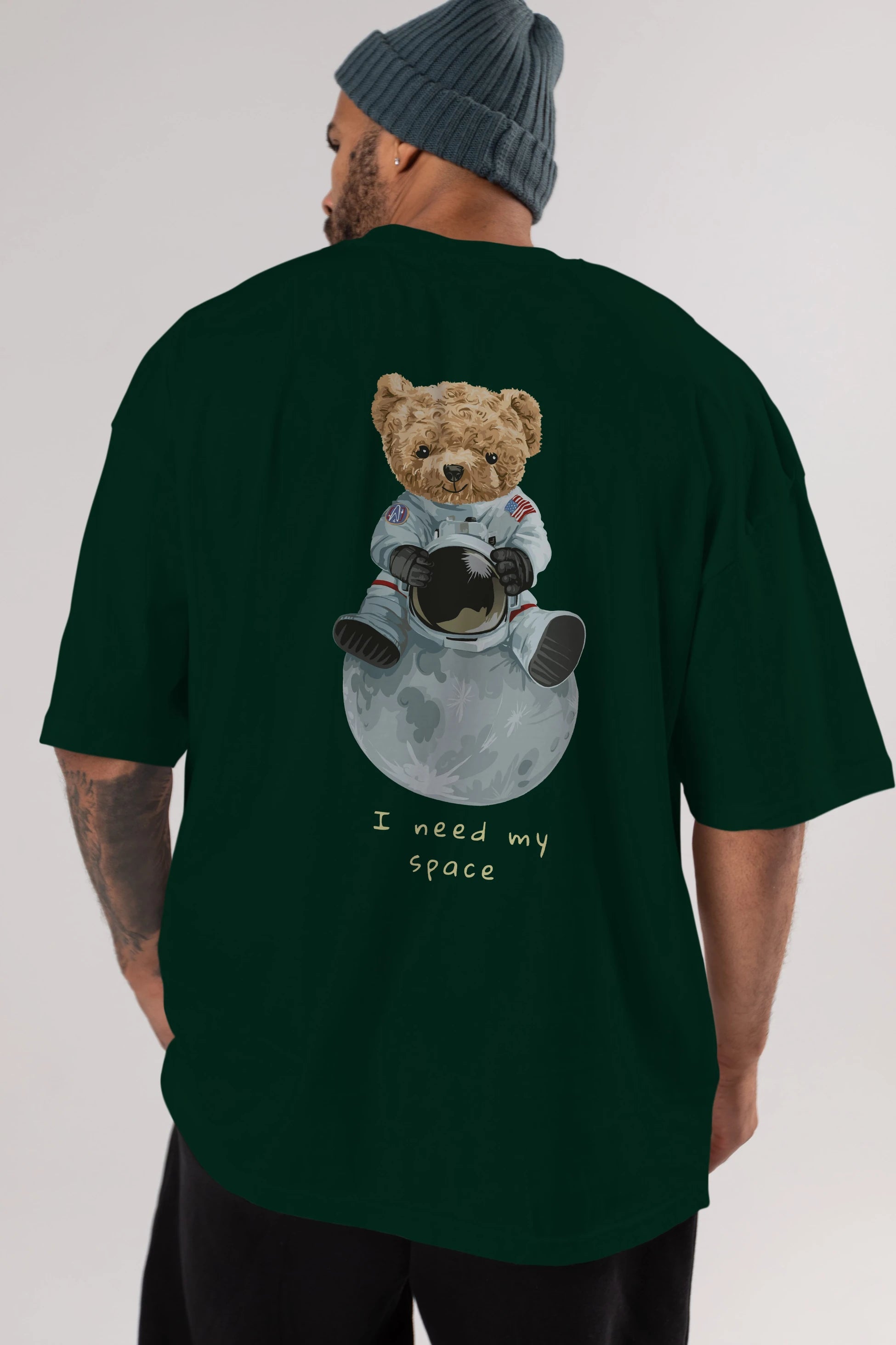 Teddy Bear I Need My Space Arka Baskılı Oversize t-shirt Erkek Kadın Unisex %100 Pamuk