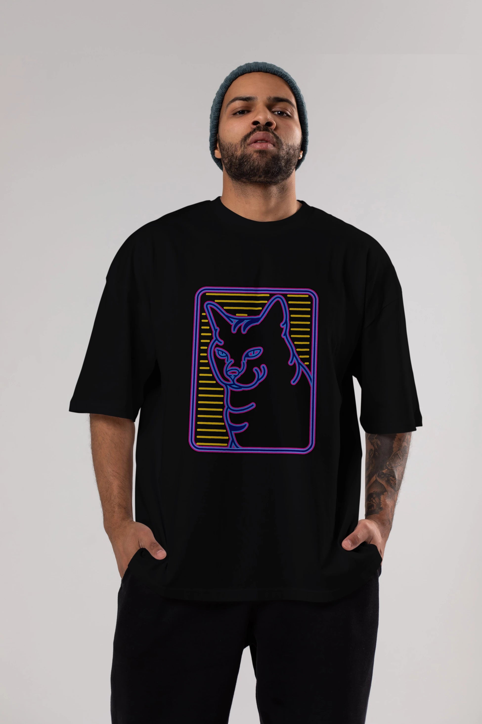 Neon Cat Ön Baskılı Oversize t-shirt Erkek Kadın Unisex