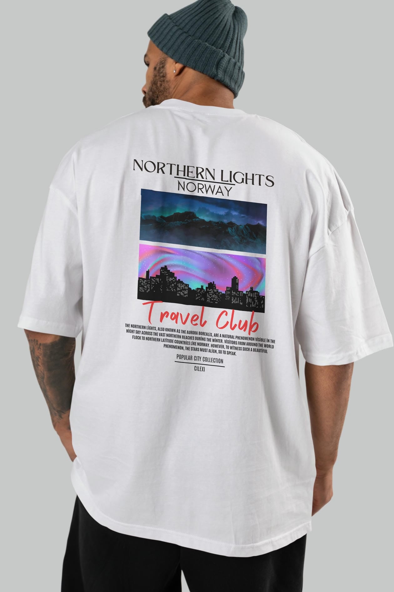Northern Lights Norway Arka Baskılı Oversize t-shirt Erkek Kadın Pamuk Bisiklet Yaka tişort