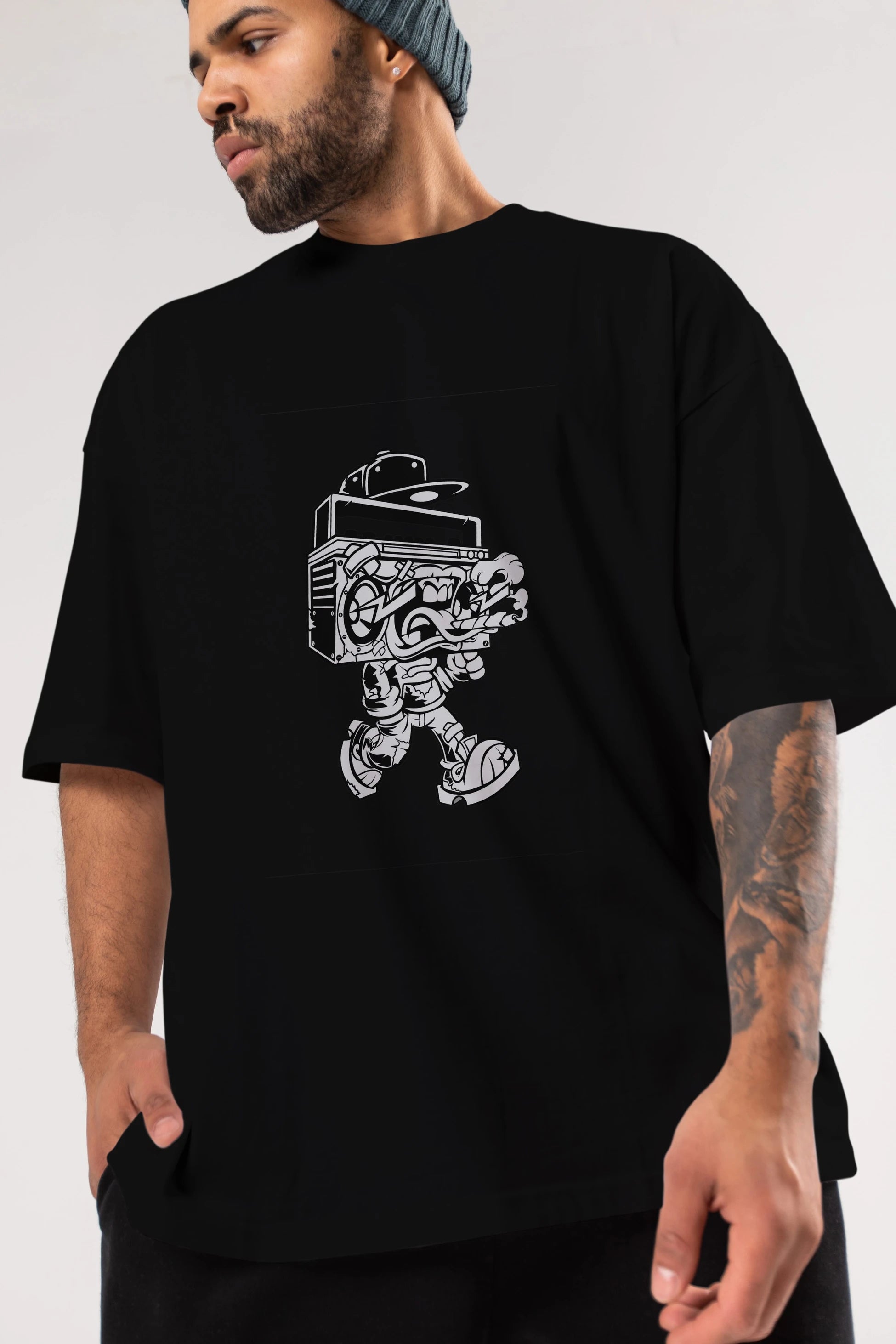 Boombox Ön Baskılı Oversize t-shirt Erkek Kadın Unisex %100 Pamuk tişort