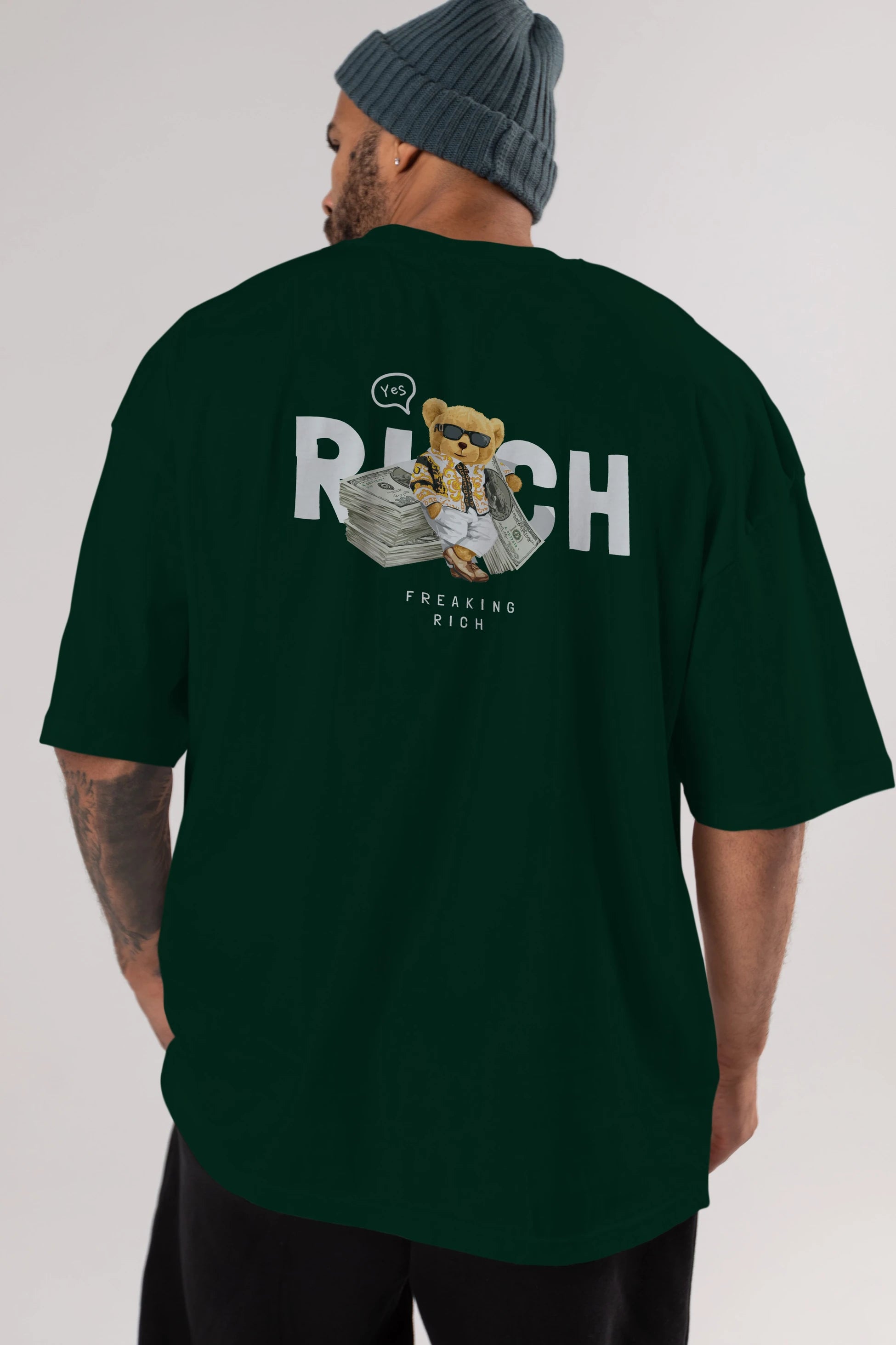 Teddy Bear Freakıng Rich Arka Baskılı Oversize t-shirt Erkek Kadın Unisex %100 Pamuk